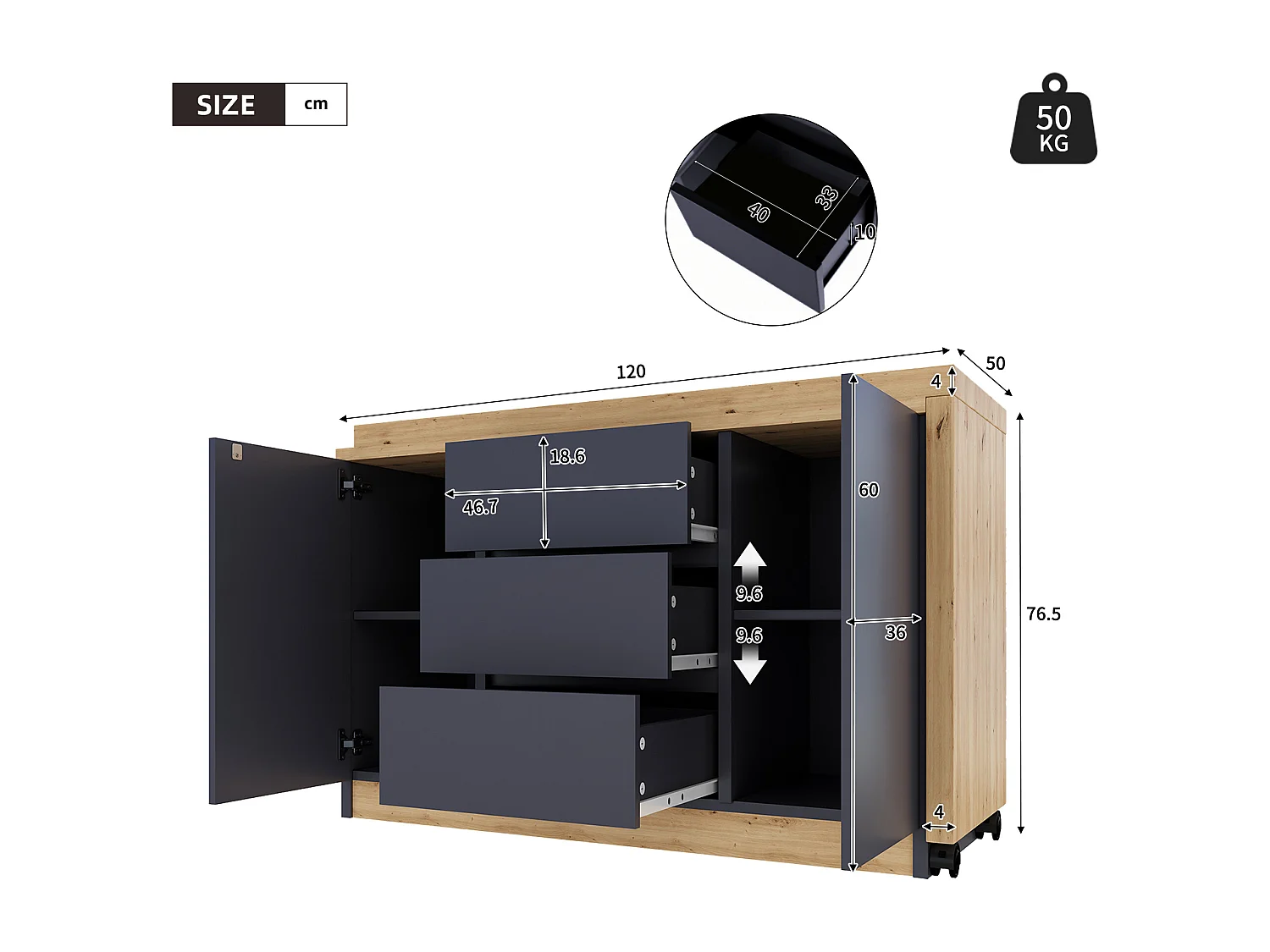 Bureau extensible avec plateau pivotant, 3 tiroirs et 2 portes, panneaux de particules, naturel et gris