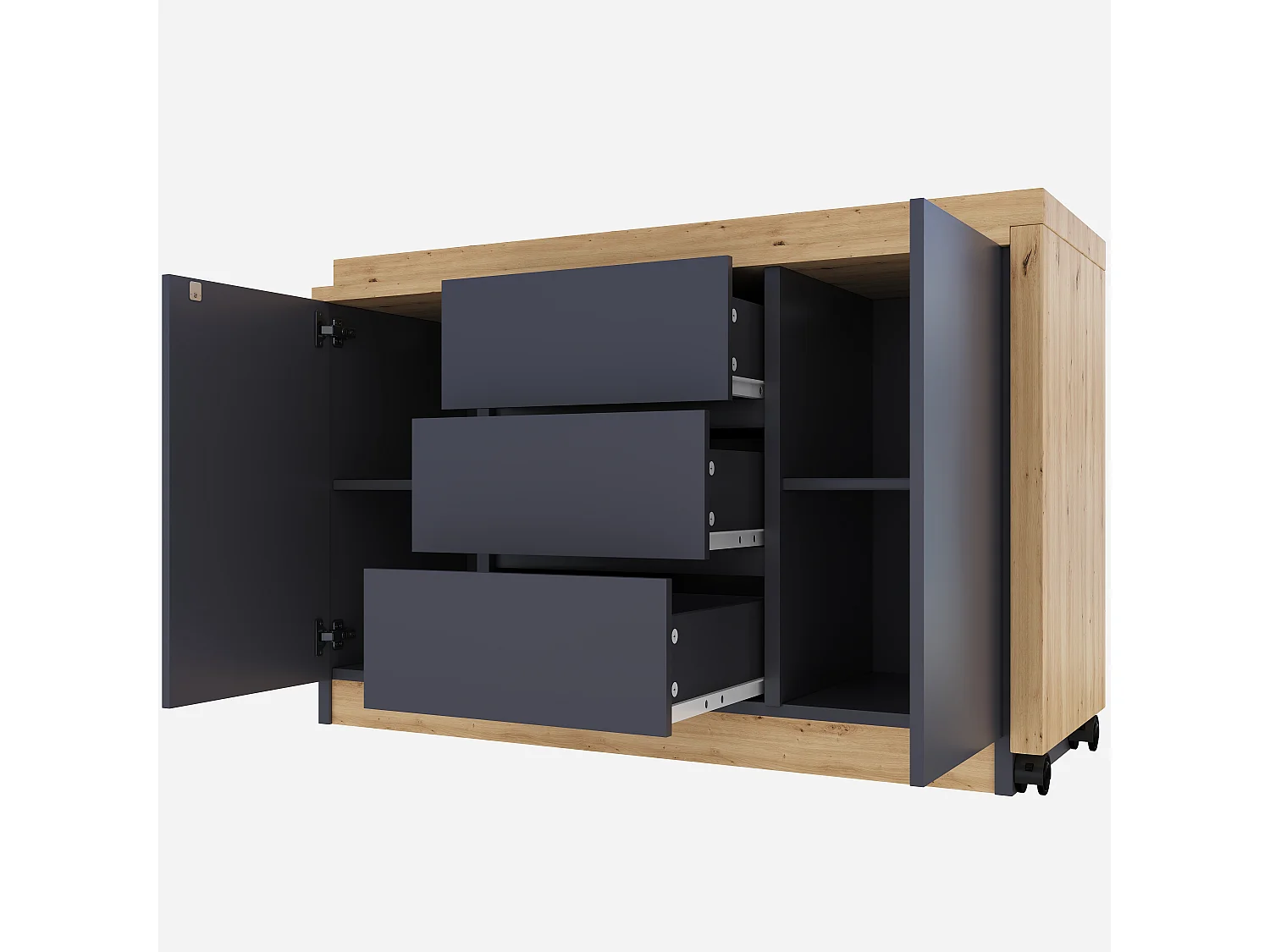 Bureau extensible avec plateau pivotant, 3 tiroirs et 2 portes, panneaux de particules, naturel et gris