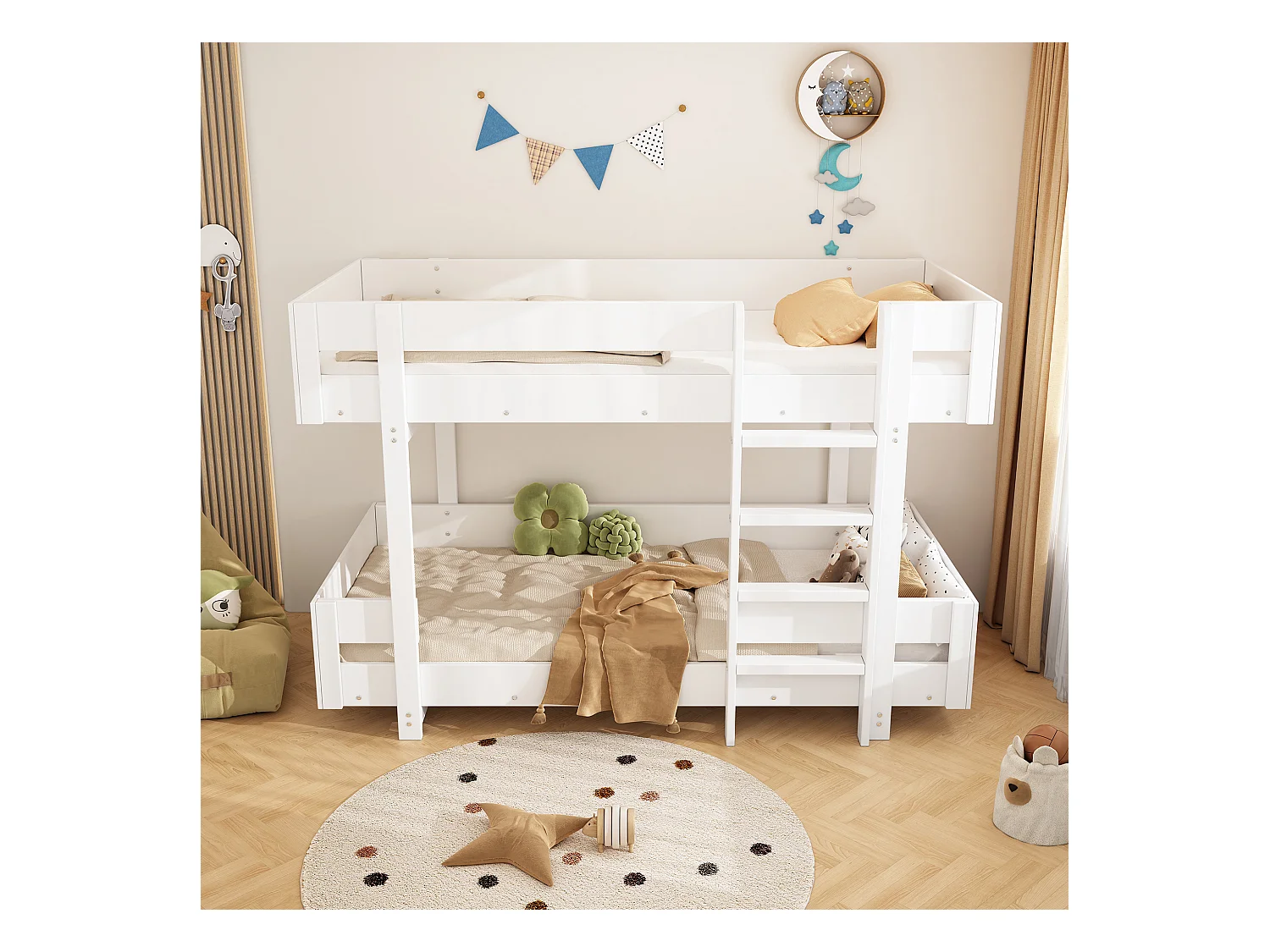 Letto a castello bianco per bambini 90x200cm con scaletta, barriera di sicurezza, senza materasso