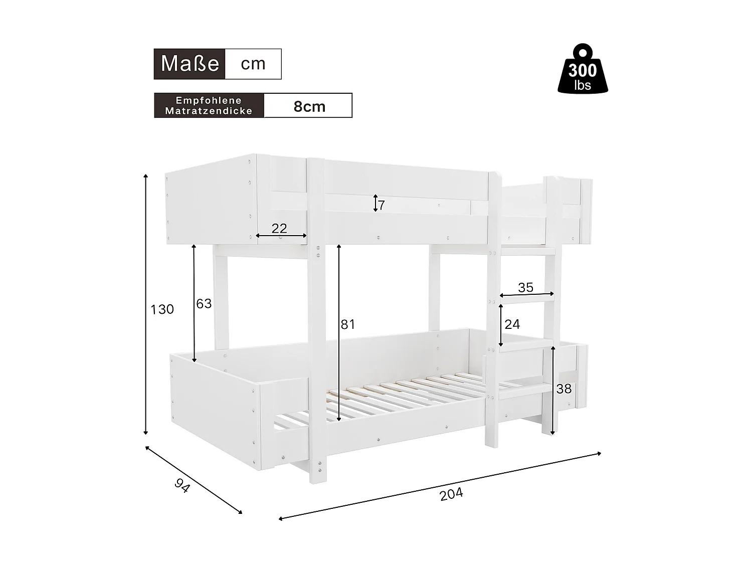 Letto a castello bianco per bambini 90x200cm con scaletta, barriera di sicurezza, senza materasso