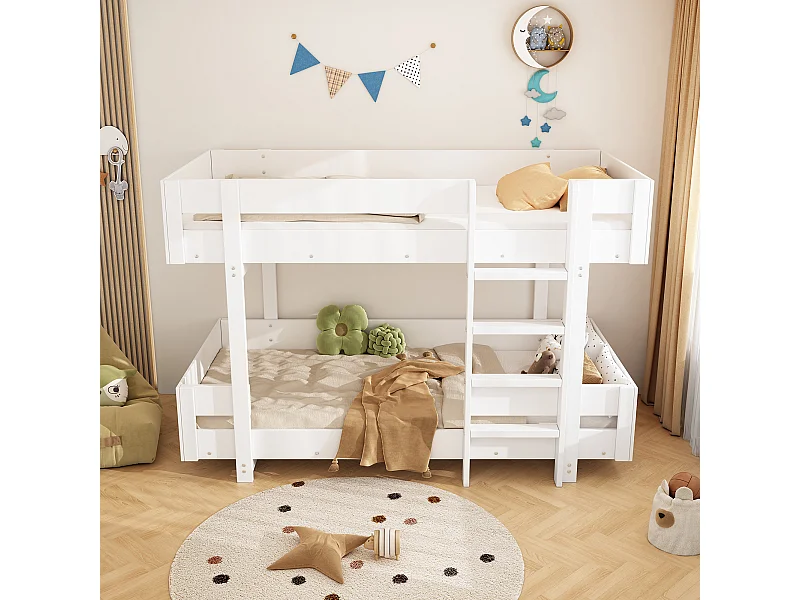 Lit superposé enfant blanc 90x200cm avec escalier, barrière de sécurité, sans matelas