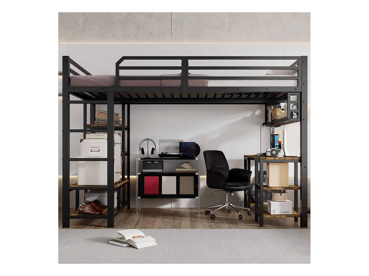 Letto a soppalco 120x200cm nero e noce scuro con scrivania e ripiano, metallo + pannello di particelle