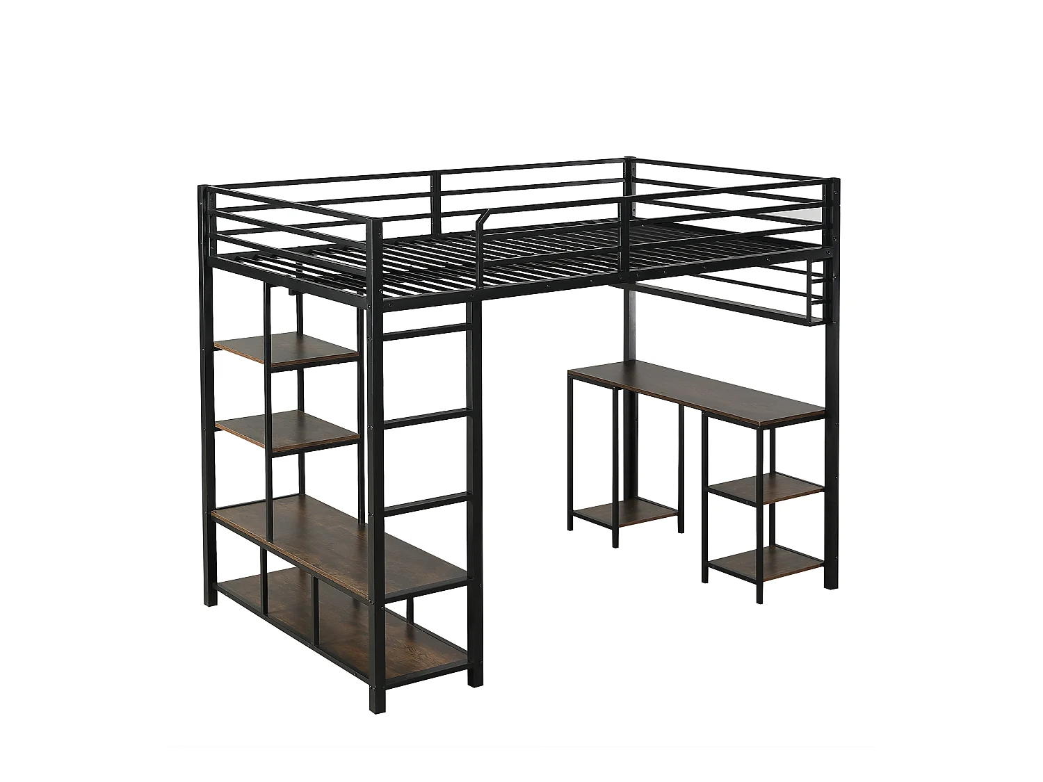 Letto a soppalco 120x200cm nero e noce scuro con scrivania e ripiano, metallo + pannello di particelle