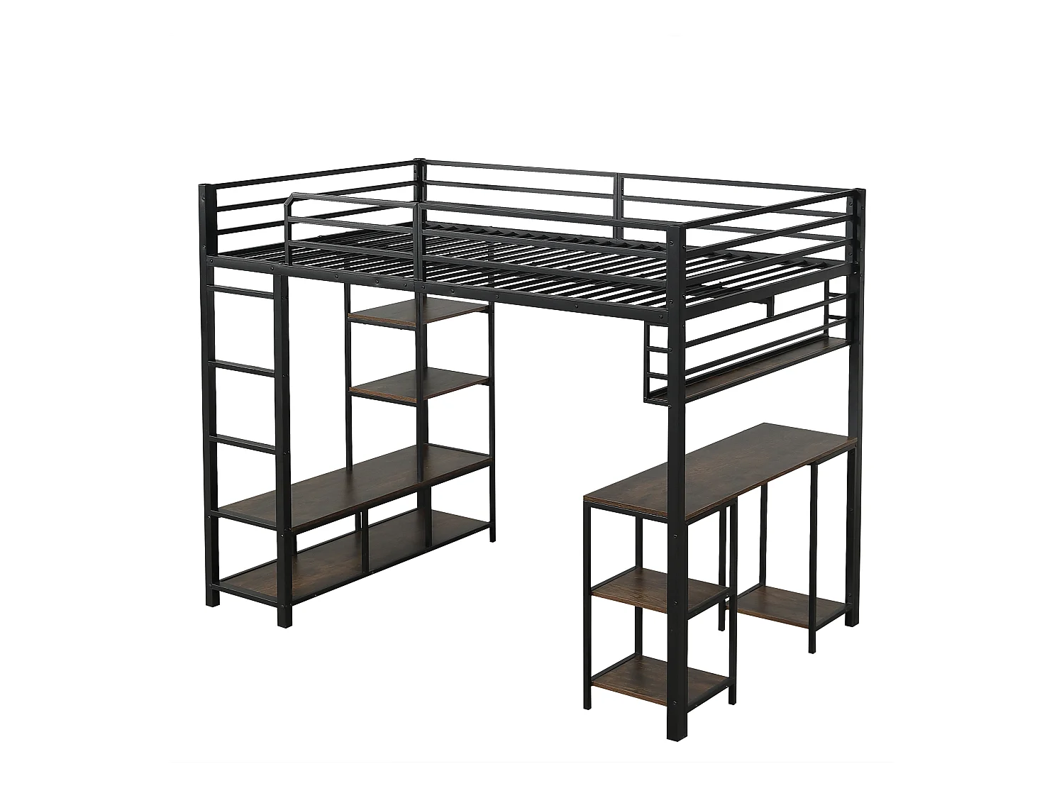 Letto a soppalco 120x200cm nero e noce scuro con scrivania e ripiano, metallo + pannello di particelle