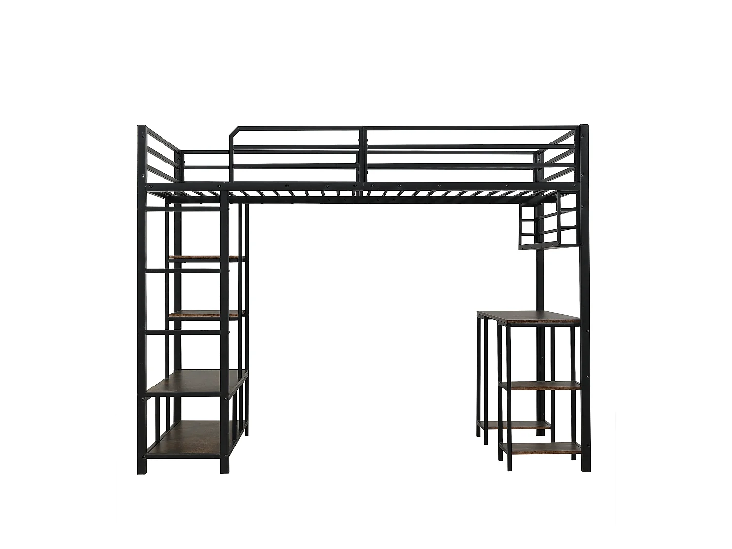 Letto a soppalco 120x200cm nero e noce scuro con scrivania e ripiano, metallo + pannello di particelle