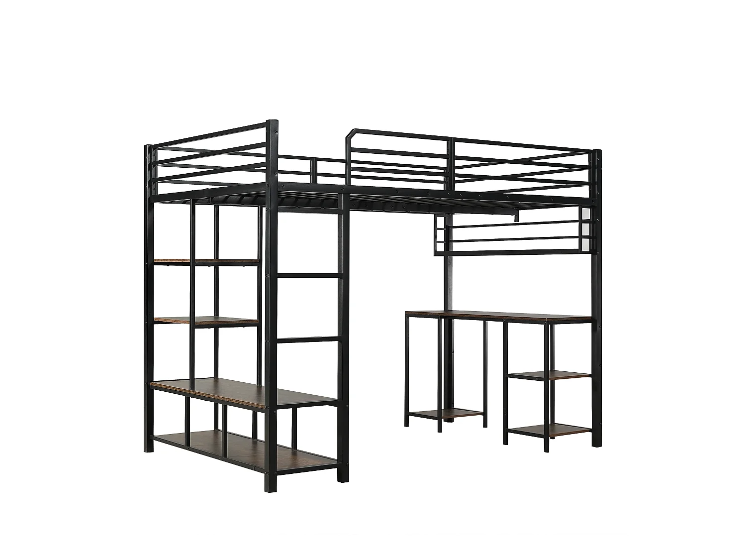 Letto a soppalco 120x200cm nero e noce scuro con scrivania e ripiano, metallo + pannello di particelle
