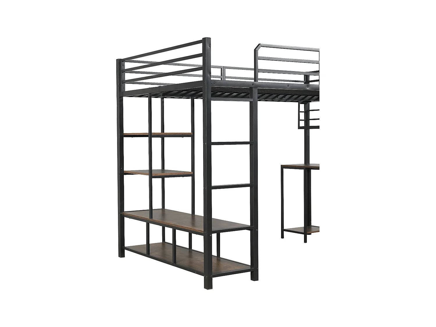 Letto a soppalco 120x200cm nero e noce scuro con scrivania e ripiano, metallo + pannello di particelle