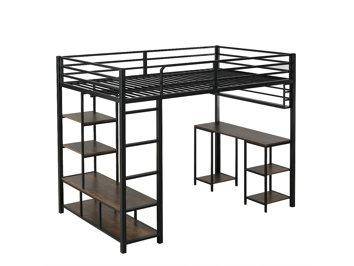 Lit mezzanine 120x200cm noir et noyer foncé avec bureau et étagère, métal + panneaux de particules