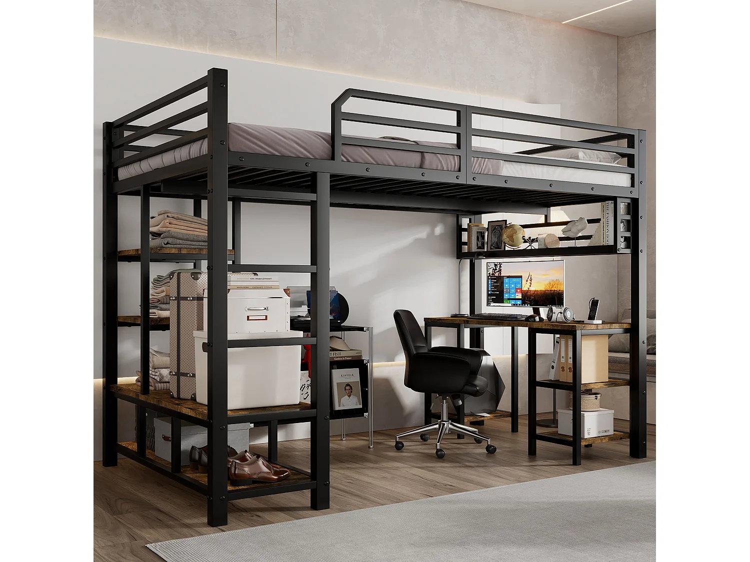 Lit mezzanine 120x200cm noir et noyer foncé avec bureau et étagère, métal + panneaux de particules