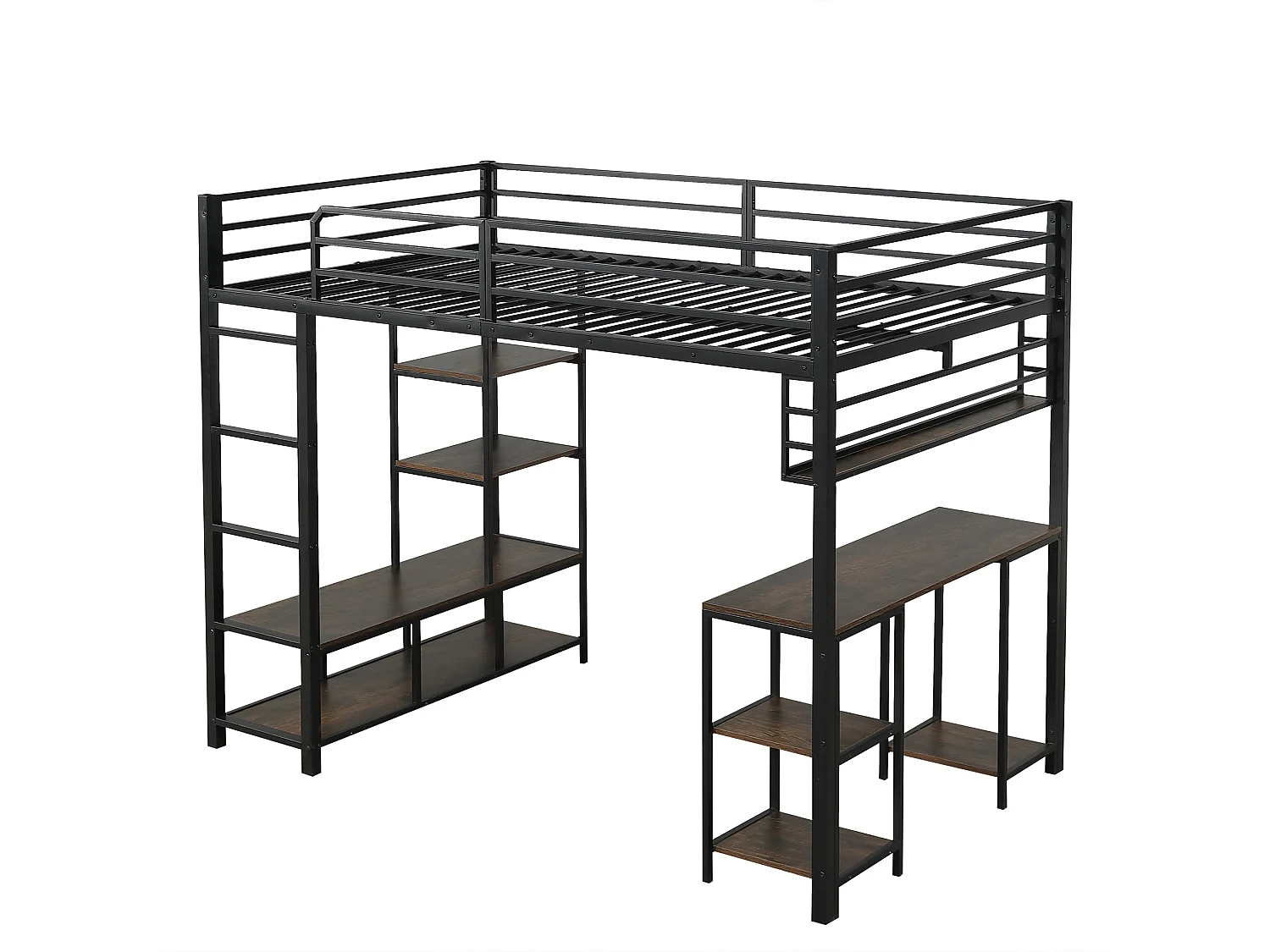 Lit mezzanine 120x200cm noir et noyer foncé avec bureau et étagère, métal + panneaux de particules