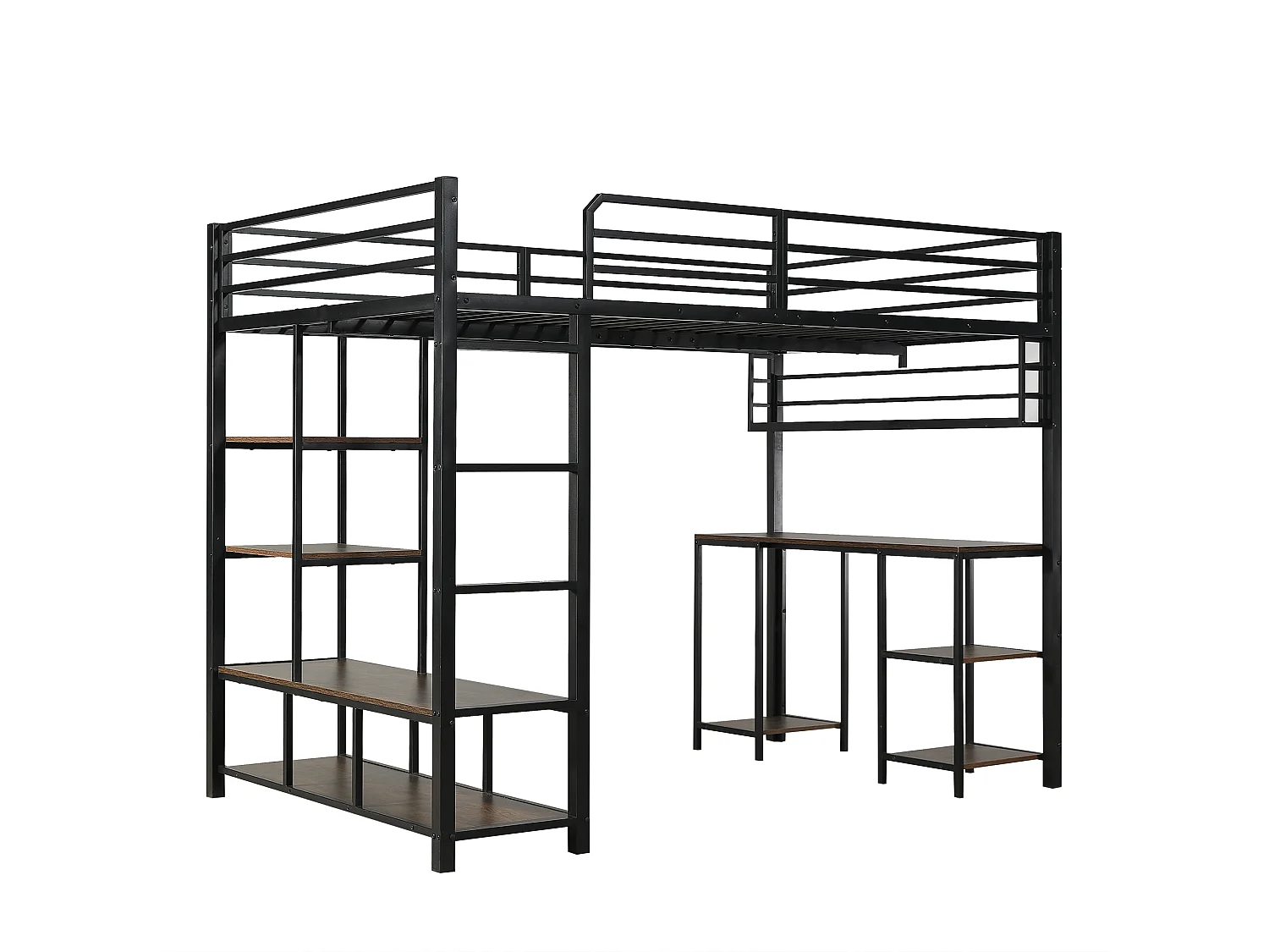 Lit mezzanine 120x200cm noir et noyer foncé avec bureau et étagère, métal + panneaux de particules