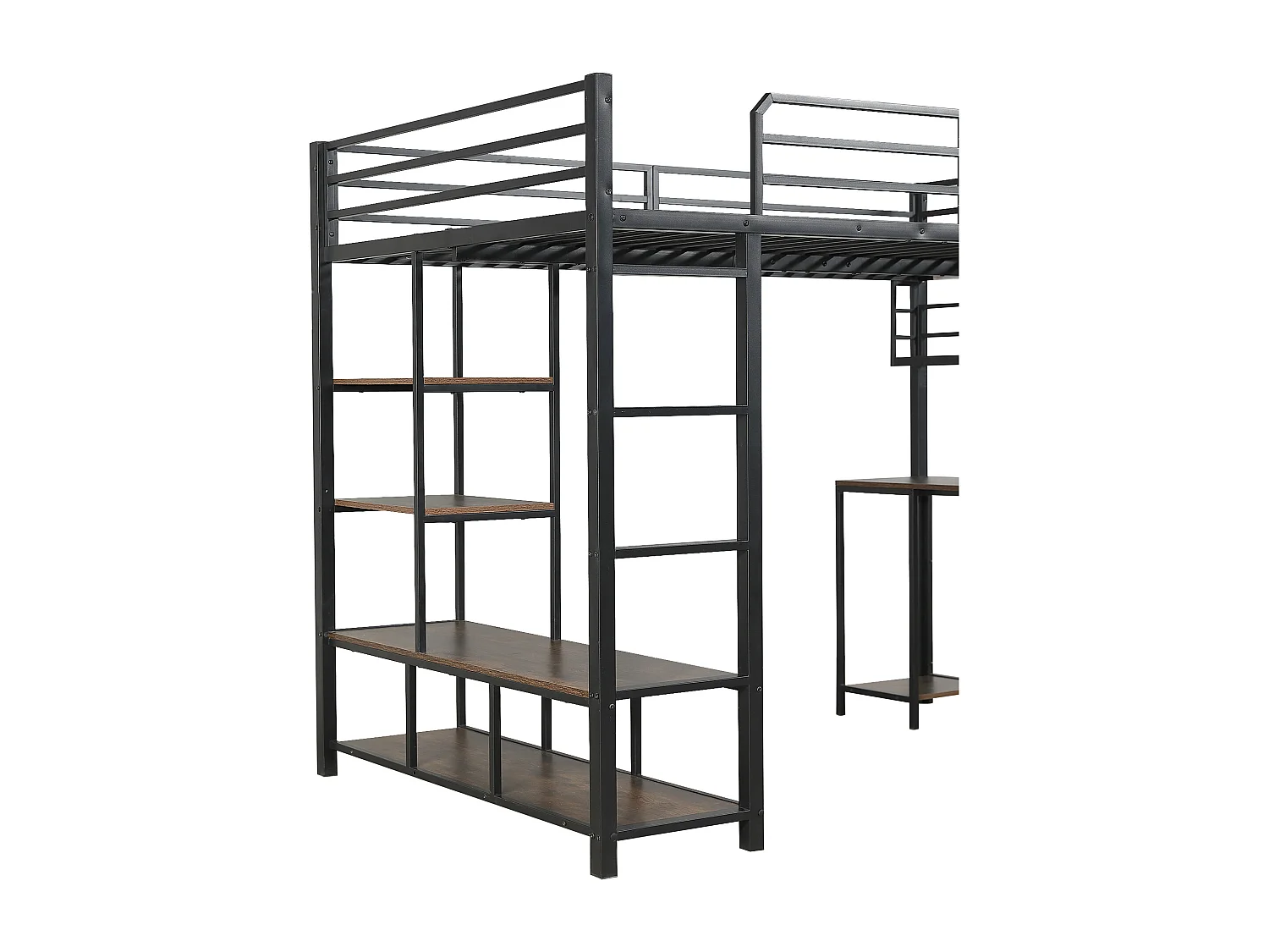 Lit mezzanine 120x200cm noir et noyer foncé avec bureau et étagère, métal + panneaux de particules