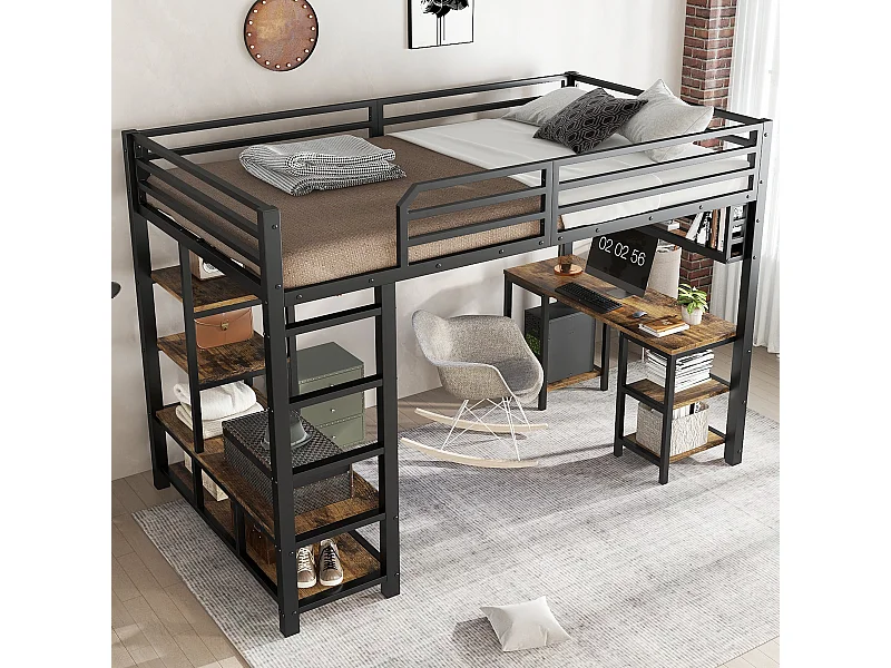 Lit mezzanine 120x200cm noir et noyer foncé avec bureau et étagère, métal + panneaux de particules