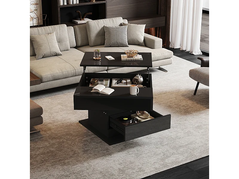 Table basse relevable - 70 x 70 x 45 cm -  plateau rotatif à 360°- avec 1 tiroir + rangement caché - aggloméré - noir