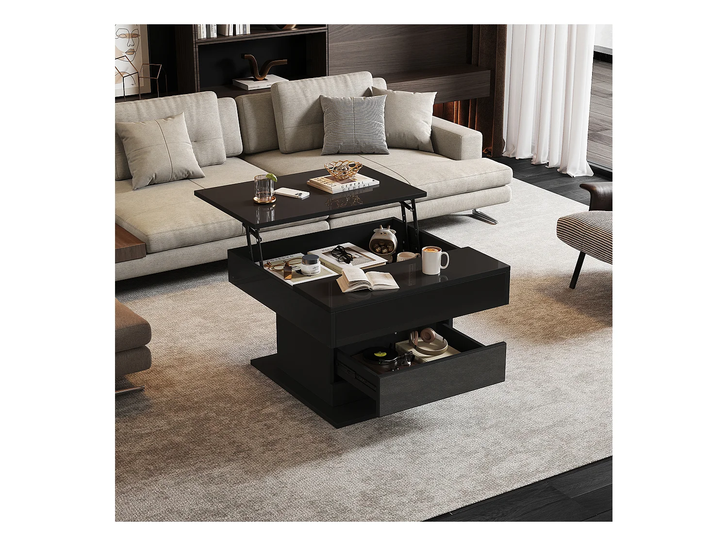 Table basse relevable - 70 x 70 x 45 cm -  plateau rotatif à 360°- avec 1 tiroir + rangement caché - aggloméré - noir
