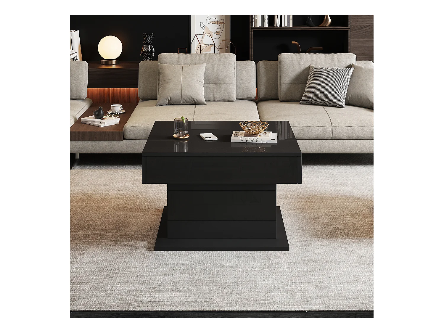 Table basse relevable - 70 x 70 x 45 cm -  plateau rotatif à 360°- avec 1 tiroir + rangement caché - aggloméré - noir
