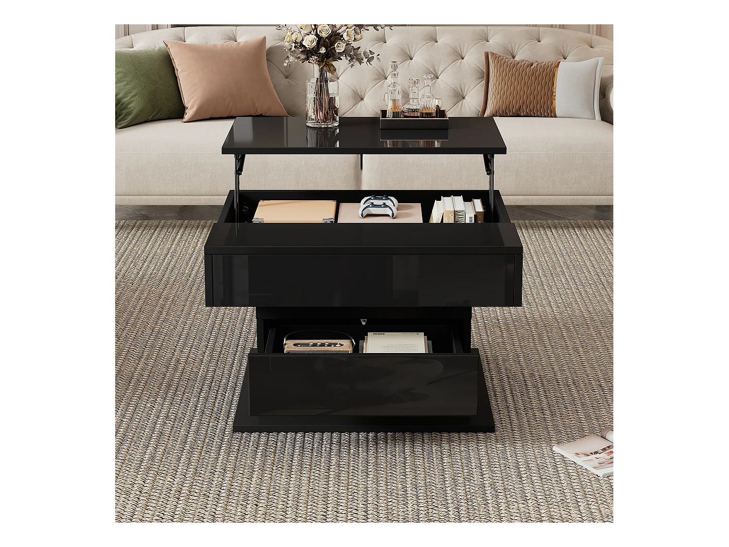 Table basse relevable - 70 x 70 x 45 cm -  plateau rotatif à 360°- avec 1 tiroir + rangement caché - aggloméré - noir