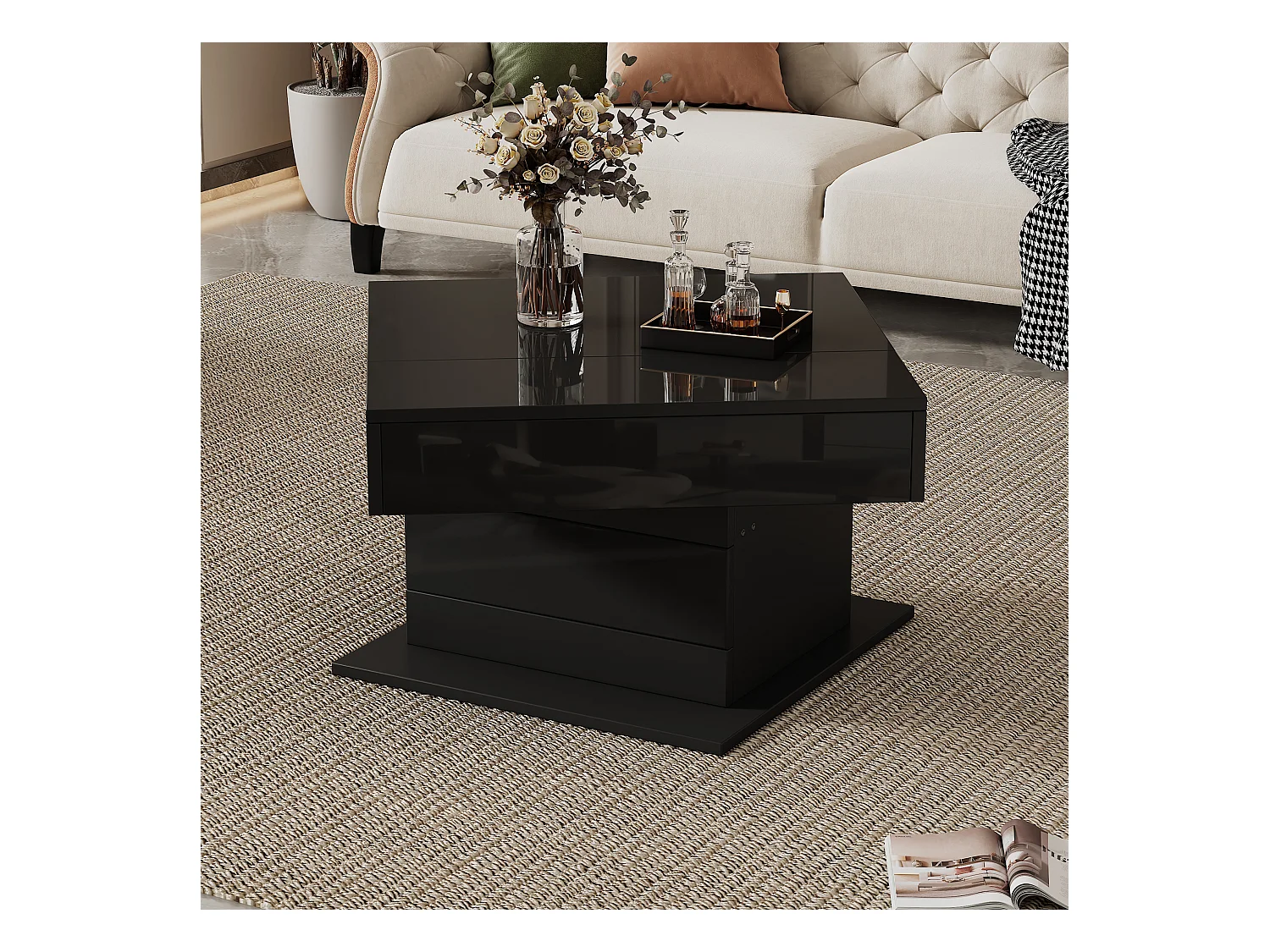 Table basse relevable - 70 x 70 x 45 cm -  plateau rotatif à 360°- avec 1 tiroir + rangement caché - aggloméré - noir