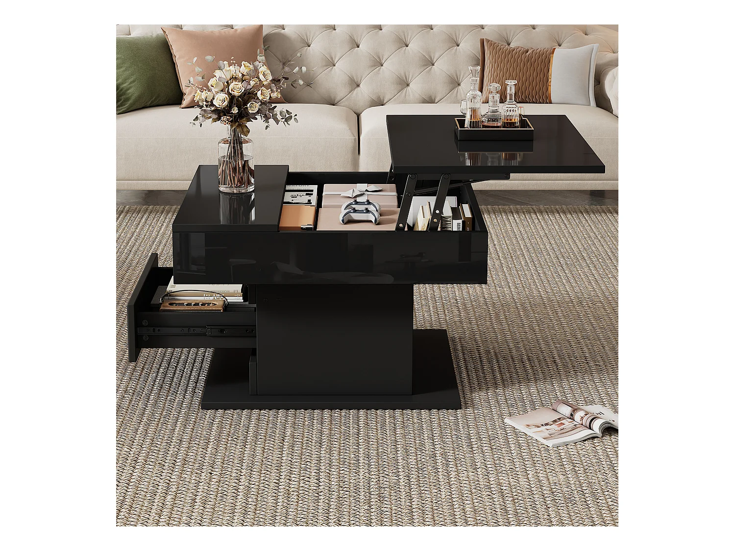 Table basse relevable - 70 x 70 x 45 cm -  plateau rotatif à 360°- avec 1 tiroir + rangement caché - aggloméré - noir