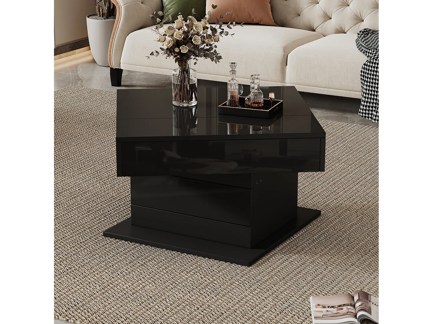 Table basse relevable - 70 x 70 x 45 cm -  plateau rotatif à 360°- avec 1 tiroir + rangement caché - aggloméré - noir