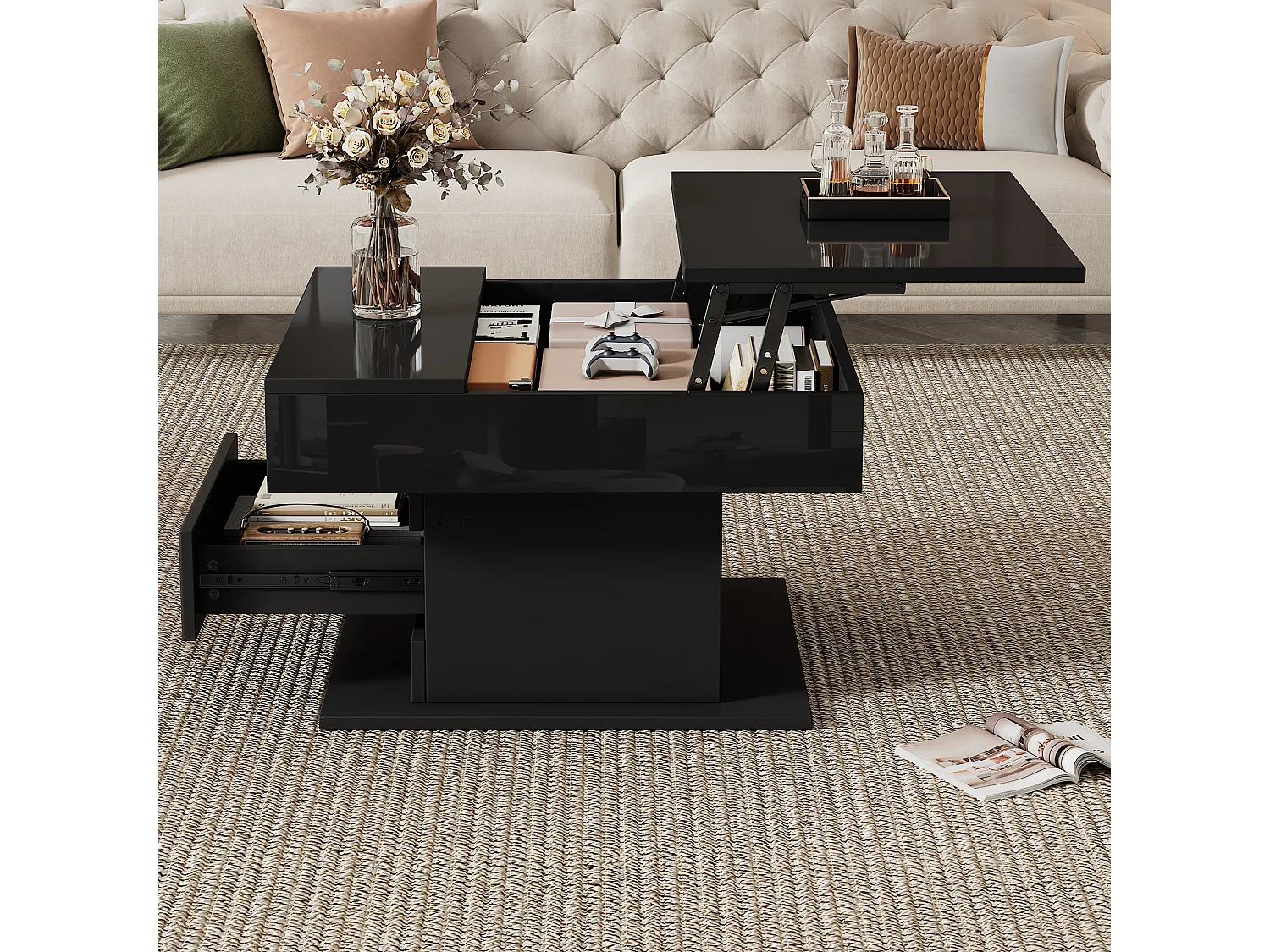 Table basse relevable - 70 x 70 x 45 cm -  plateau rotatif à 360°- avec 1 tiroir + rangement caché - aggloméré - noir