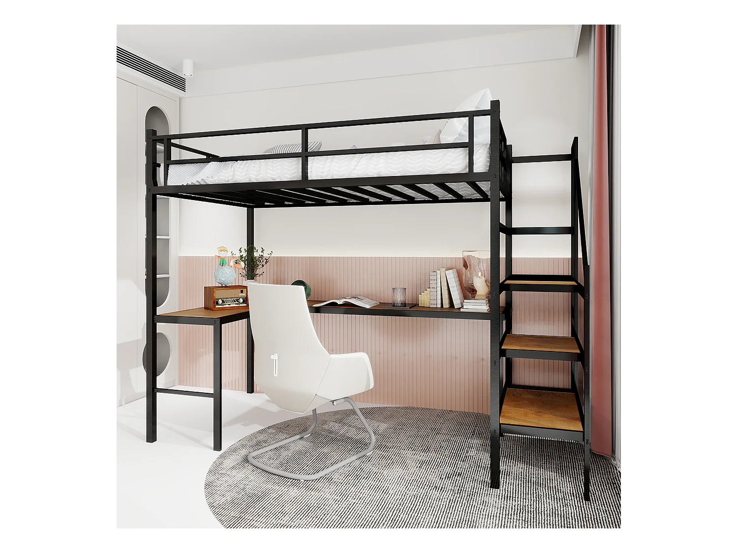 Letto a soppalco nero 90x190cm con scrivania a L e scale, metallo + legno, senza materasso