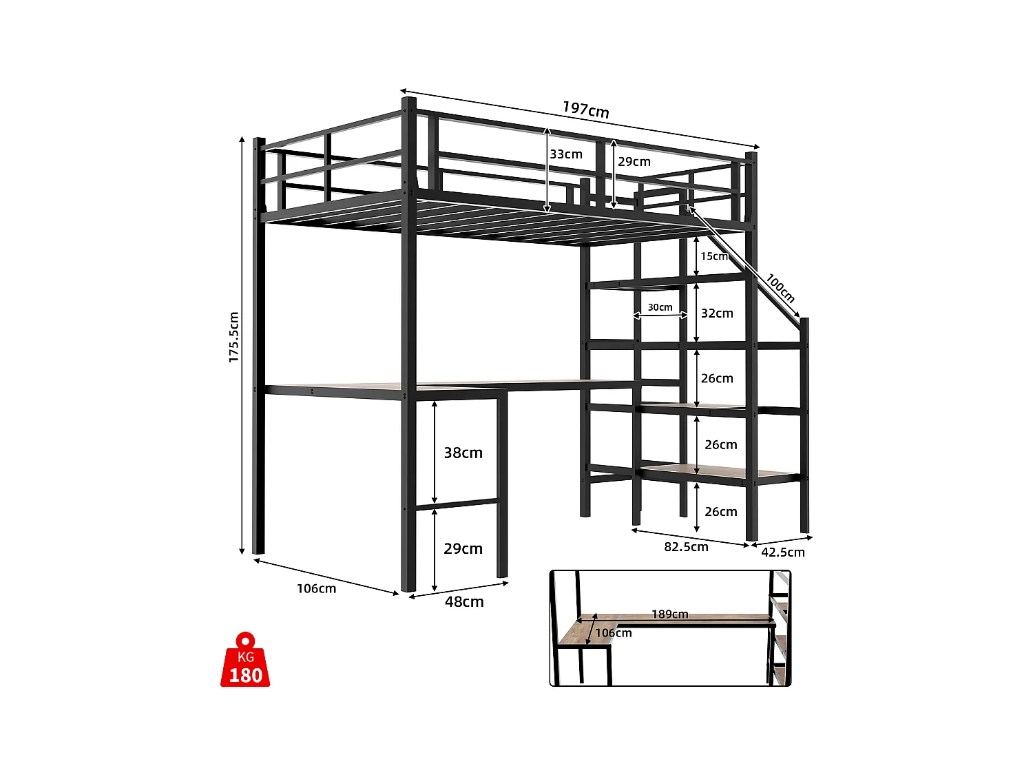Letto a soppalco nero 90x190cm con scrivania a L e scale, metallo + legno, senza materasso