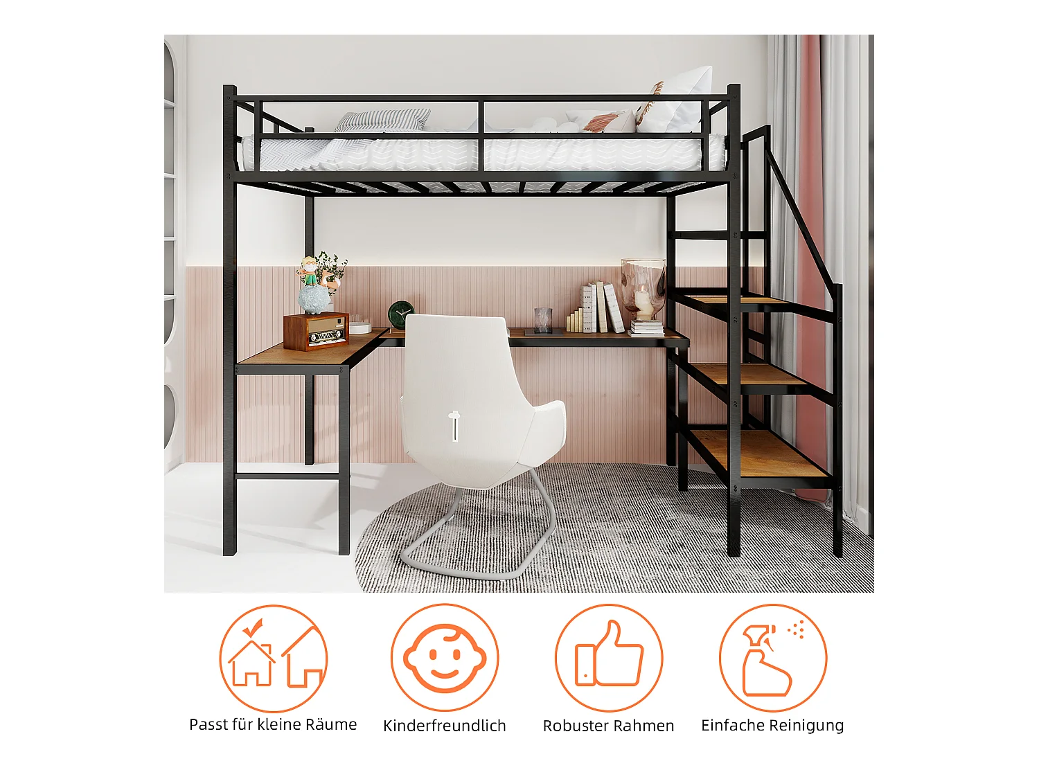 Letto a soppalco nero 90x190cm con scrivania a L e scale, metallo + legno, senza materasso