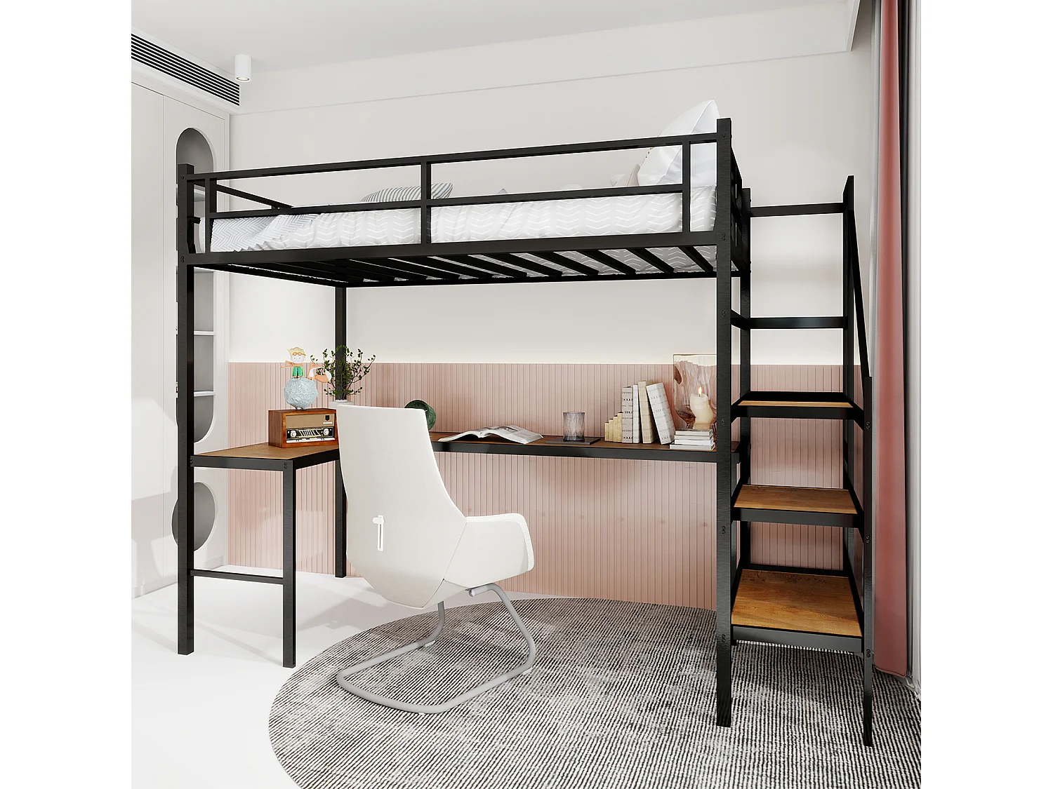 Zwarte mezzanine bed 90x190cm met L-vormig bureau en trap, metaal + hout, zonder matras