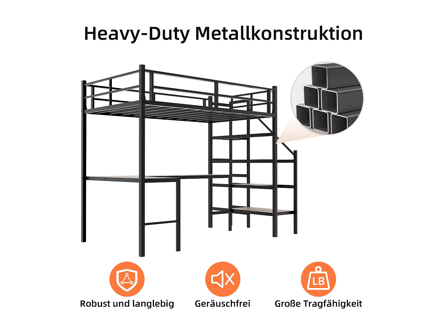Zwarte mezzanine bed 90x190cm met L-vormig bureau en trap, metaal + hout, zonder matras