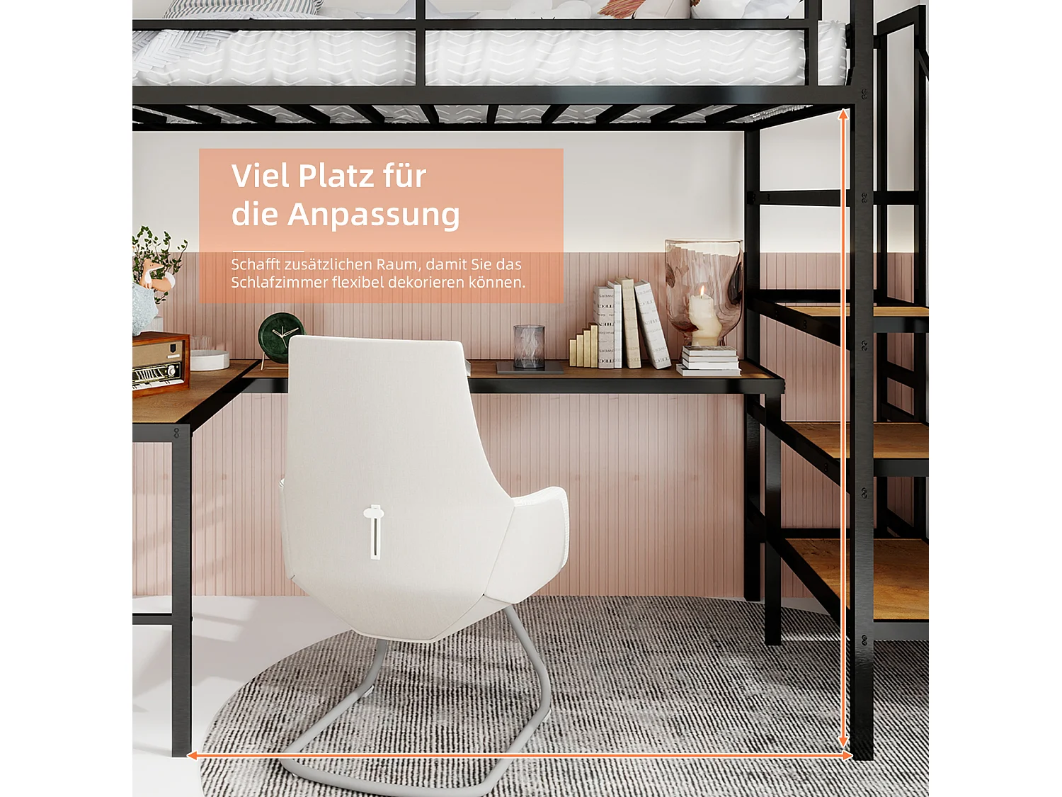 Zwarte mezzanine bed 90x190cm met L-vormig bureau en trap, metaal + hout, zonder matras