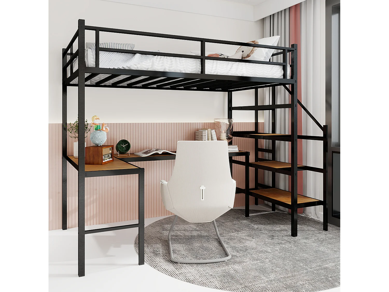 Zwarte mezzanine bed 90x190cm met L-vormig bureau en trap, metaal + hout, zonder matras