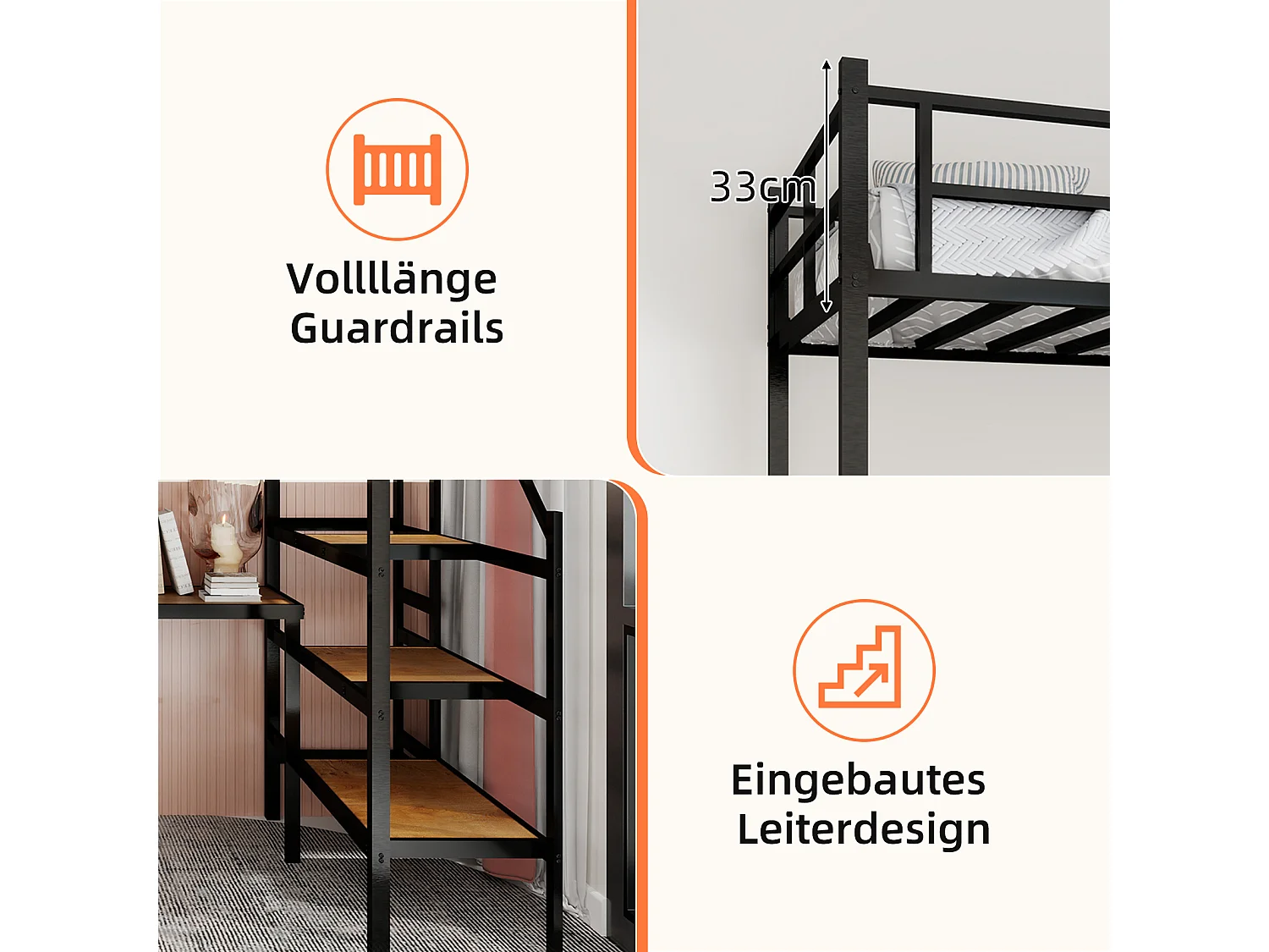 Zwarte mezzanine bed 90x190cm met L-vormig bureau en trap, metaal + hout, zonder matras