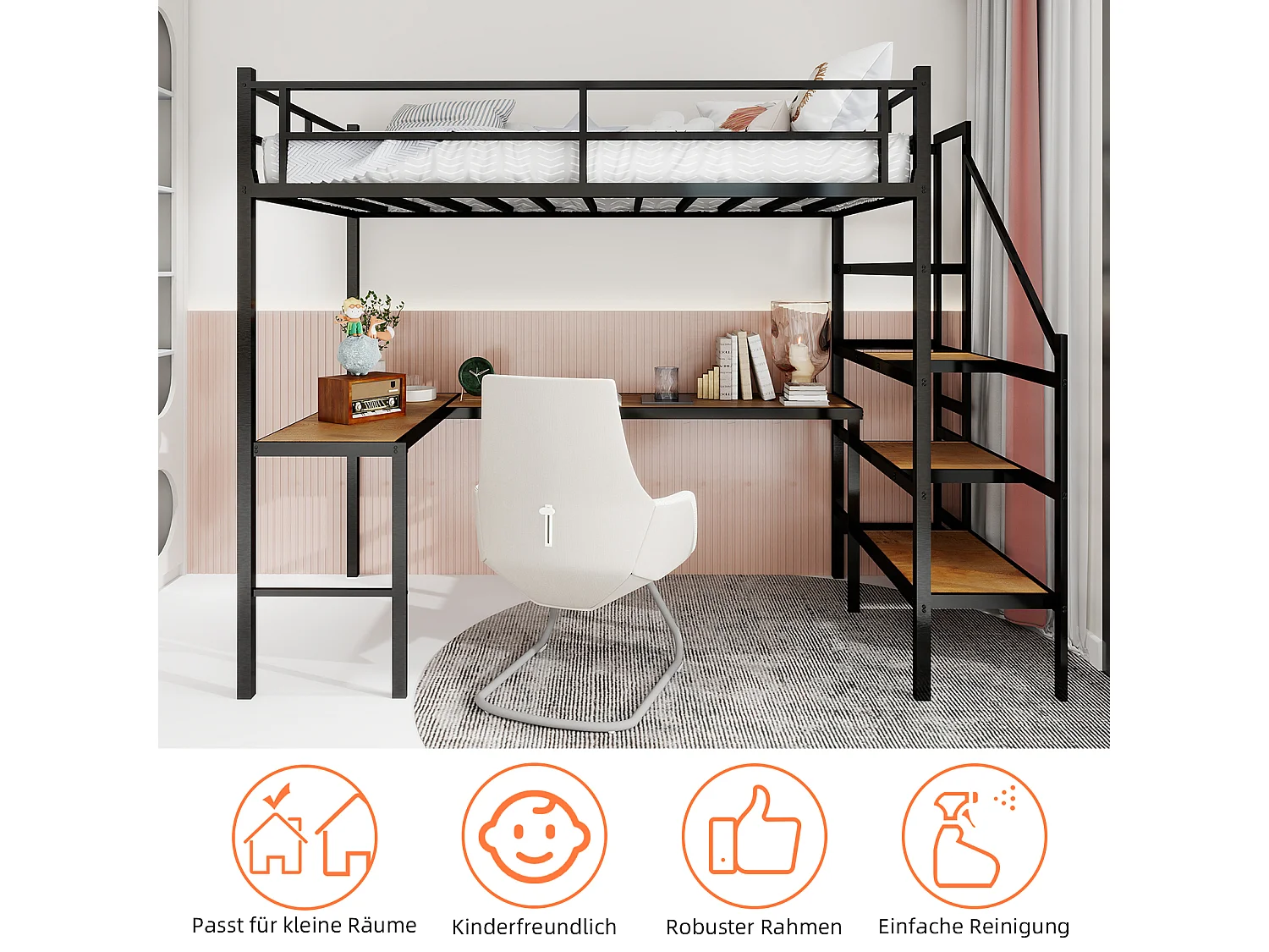 Zwarte mezzanine bed 90x190cm met L-vormig bureau en trap, metaal + hout, zonder matras
