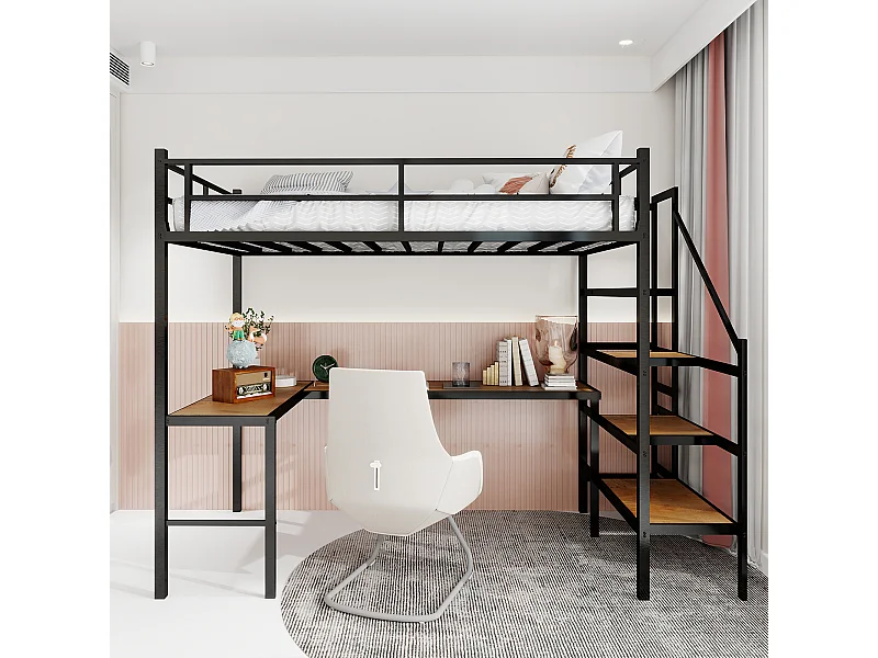 Lit mezzanine noir 90x190cm avec bureau en L et escalier, métal + bois, sans matelas