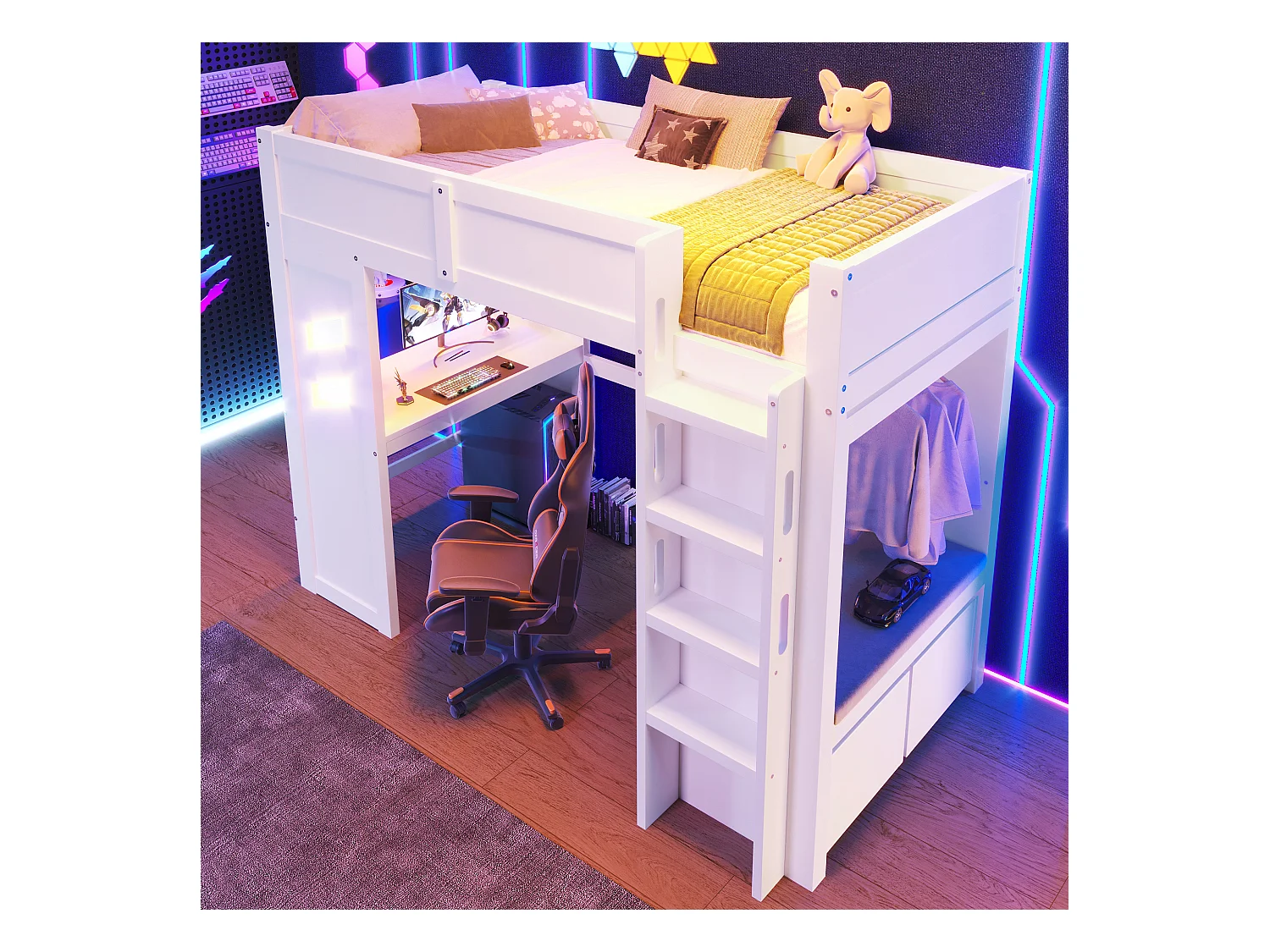 Letto a soppalco bianco 90x200cm con scrivania, 2 cassetti, illuminazione LED, USB e Type-C, stendibiancheria, pino + MDF