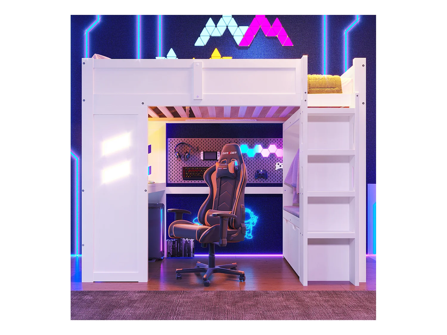 Letto a soppalco bianco 90x200cm con scrivania, 2 cassetti, illuminazione LED, USB e Type-C, stendibiancheria, pino + MDF