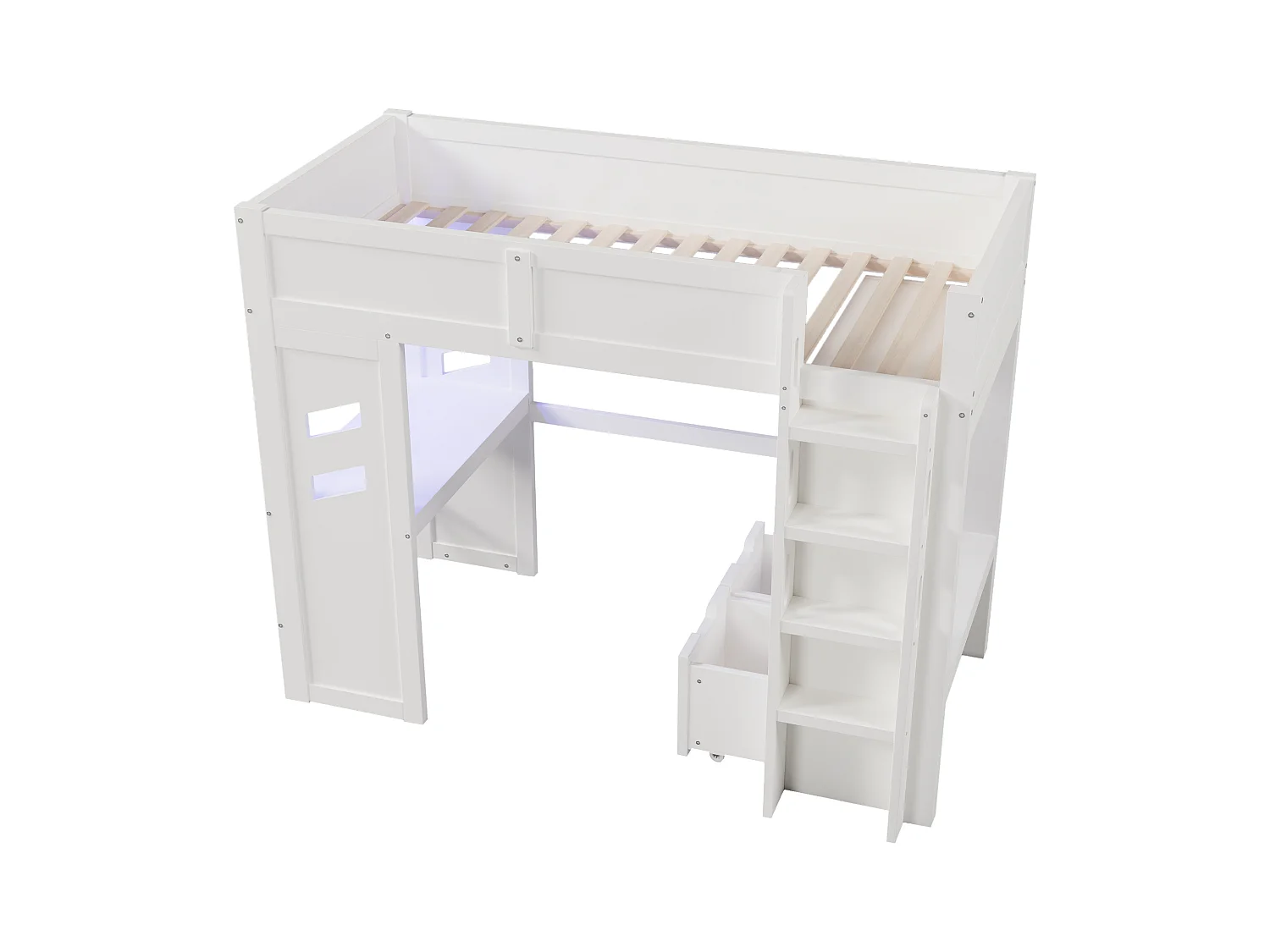 Letto a soppalco bianco 90x200cm con scrivania, 2 cassetti, illuminazione LED, USB e Type-C, stendibiancheria, pino + MDF