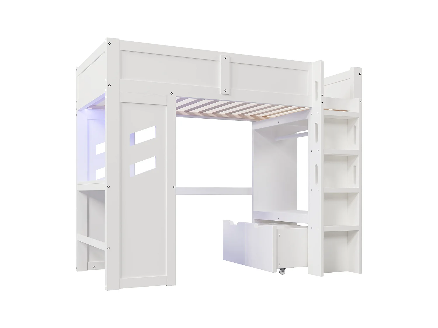 Letto a soppalco bianco 90x200cm con scrivania, 2 cassetti, illuminazione LED, USB e Type-C, stendibiancheria, pino + MDF