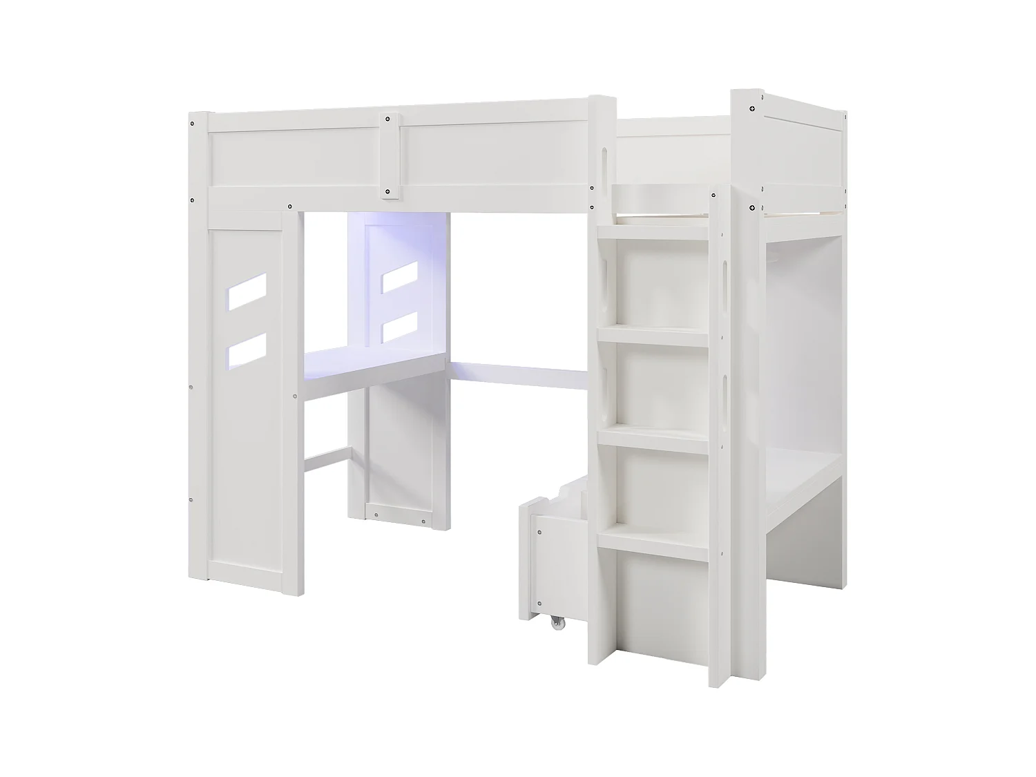 Letto a soppalco bianco 90x200cm con scrivania, 2 cassetti, illuminazione LED, USB e Type-C, stendibiancheria, pino + MDF