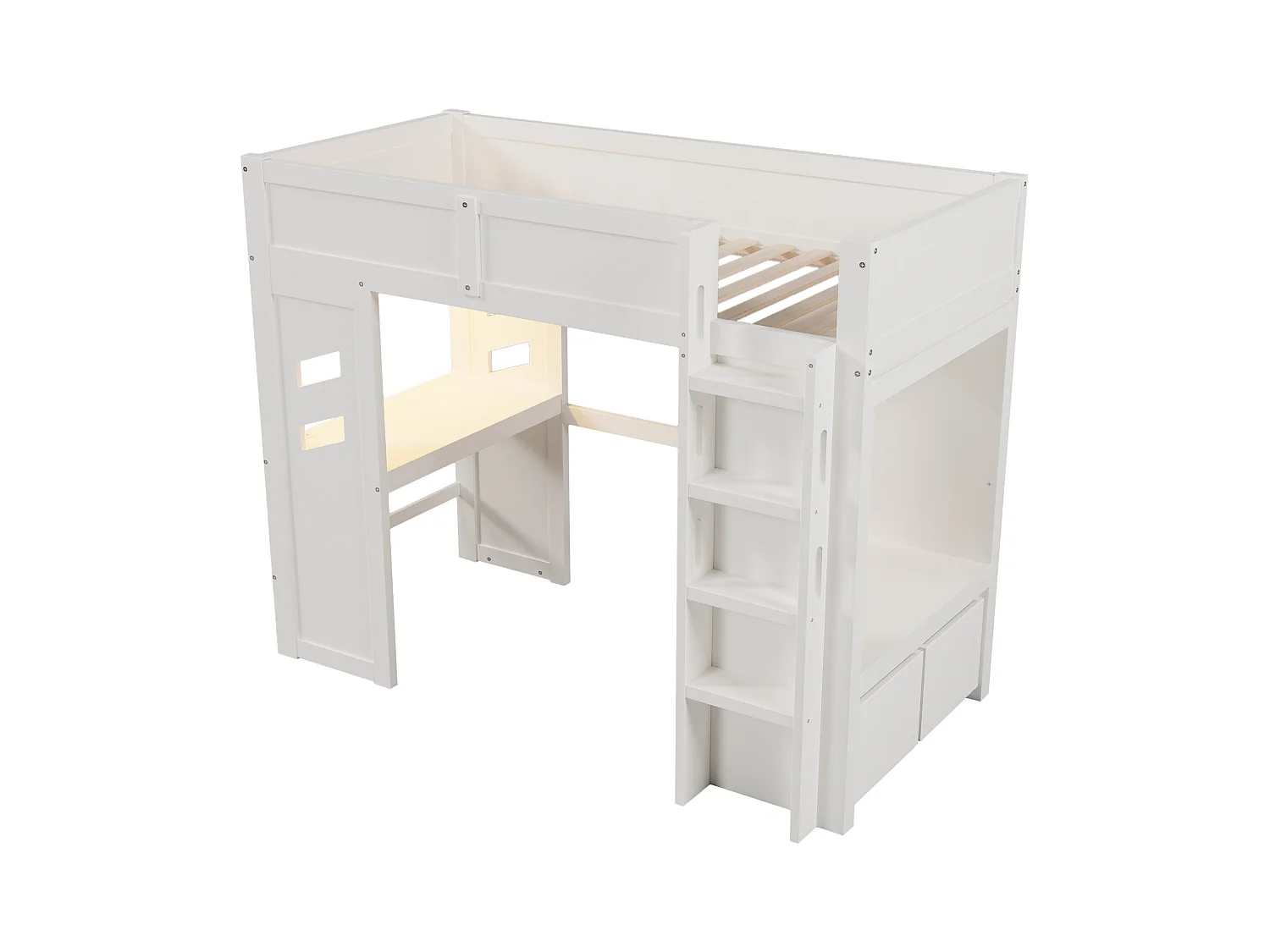 Letto a soppalco bianco 90x200cm con scrivania, 2 cassetti, illuminazione LED, USB e Type-C, stendibiancheria, pino + MDF