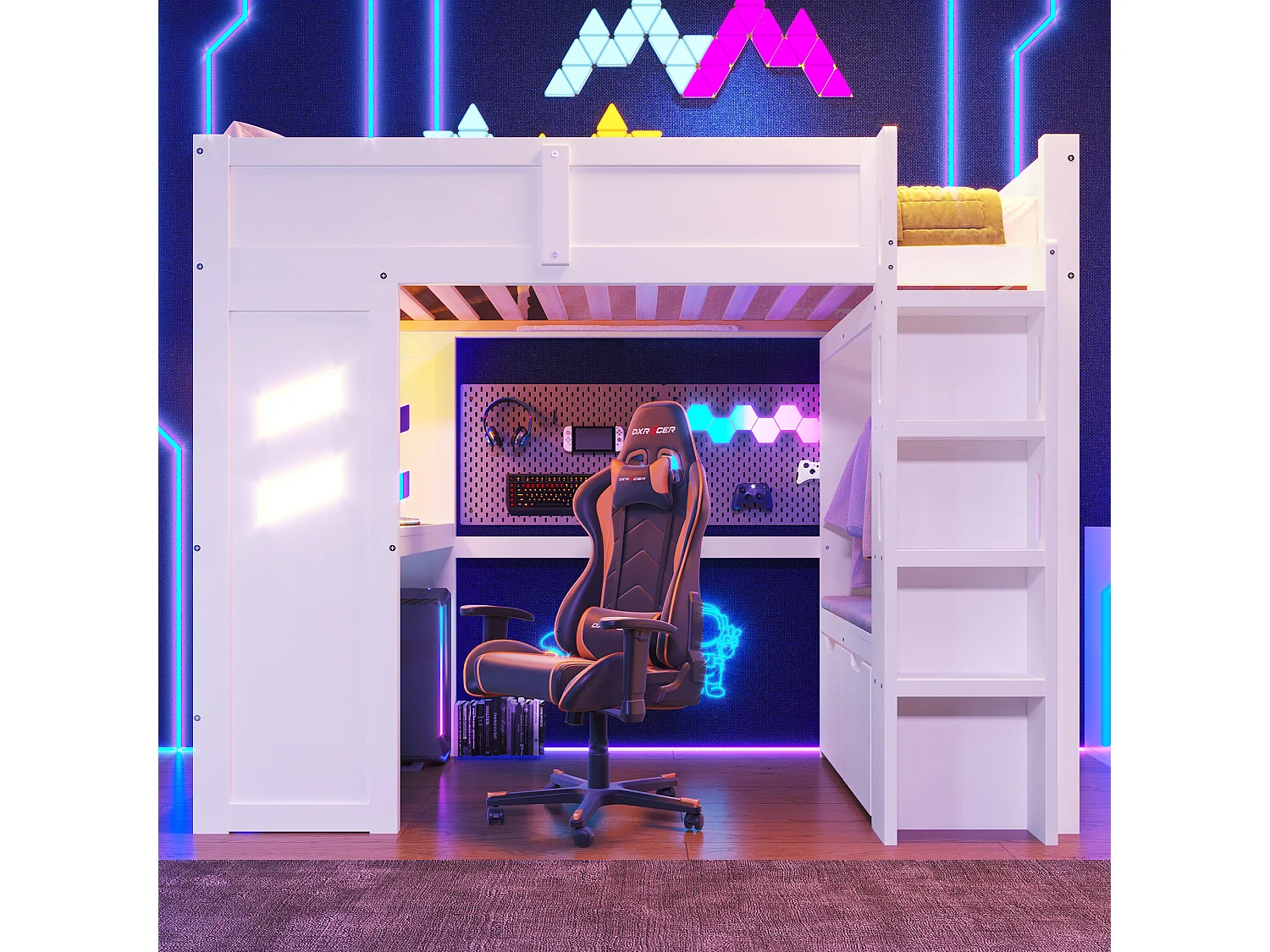 Lit mezzanine blanc 90x200cm avec bureau, 2 tiroirs, éclairage LED, USB et Type-C, étendoir à linge, pin + MDF