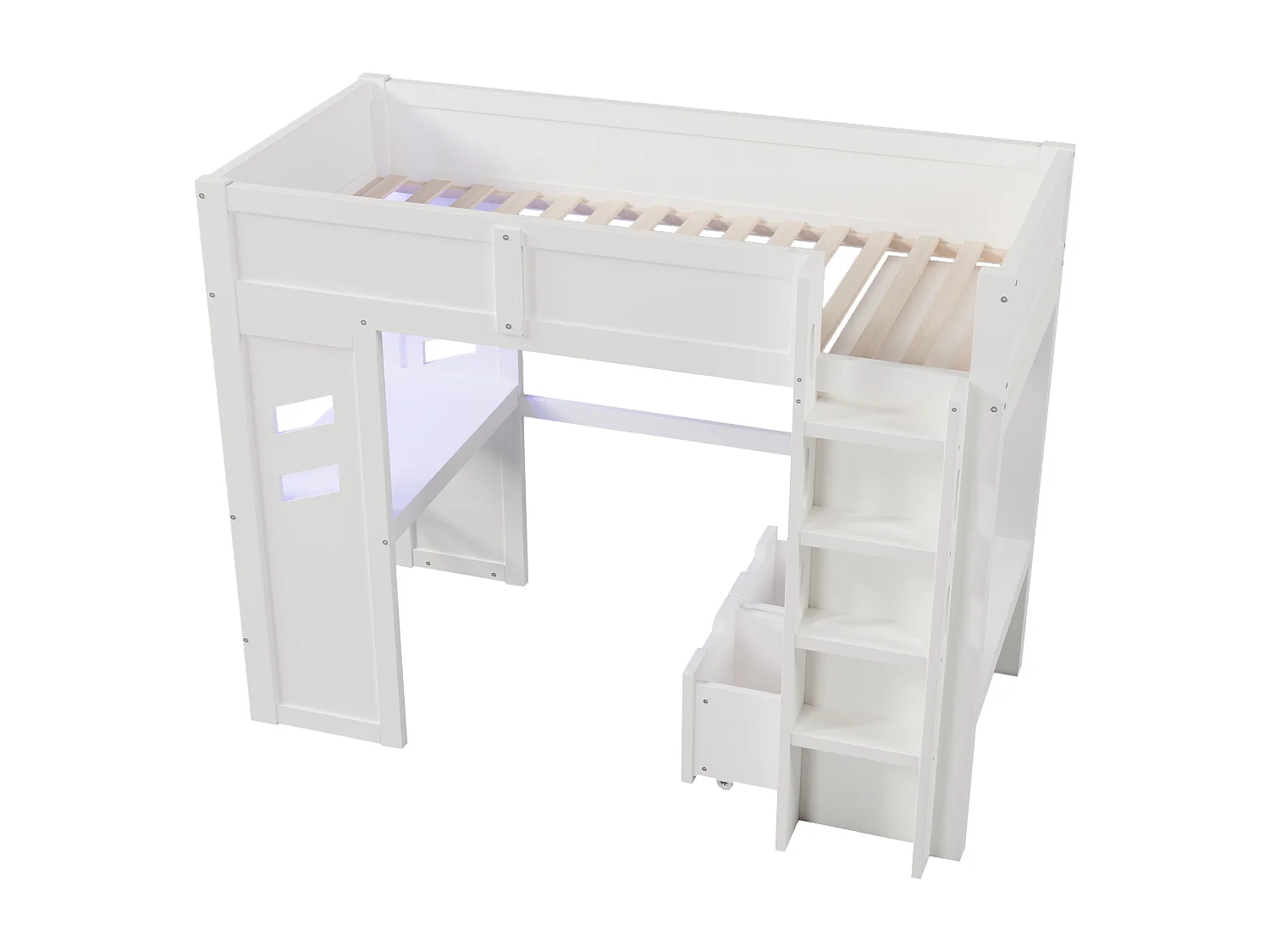 Lit mezzanine blanc 90x200cm avec bureau, 2 tiroirs, éclairage LED, USB et Type-C, étendoir à linge, pin + MDF