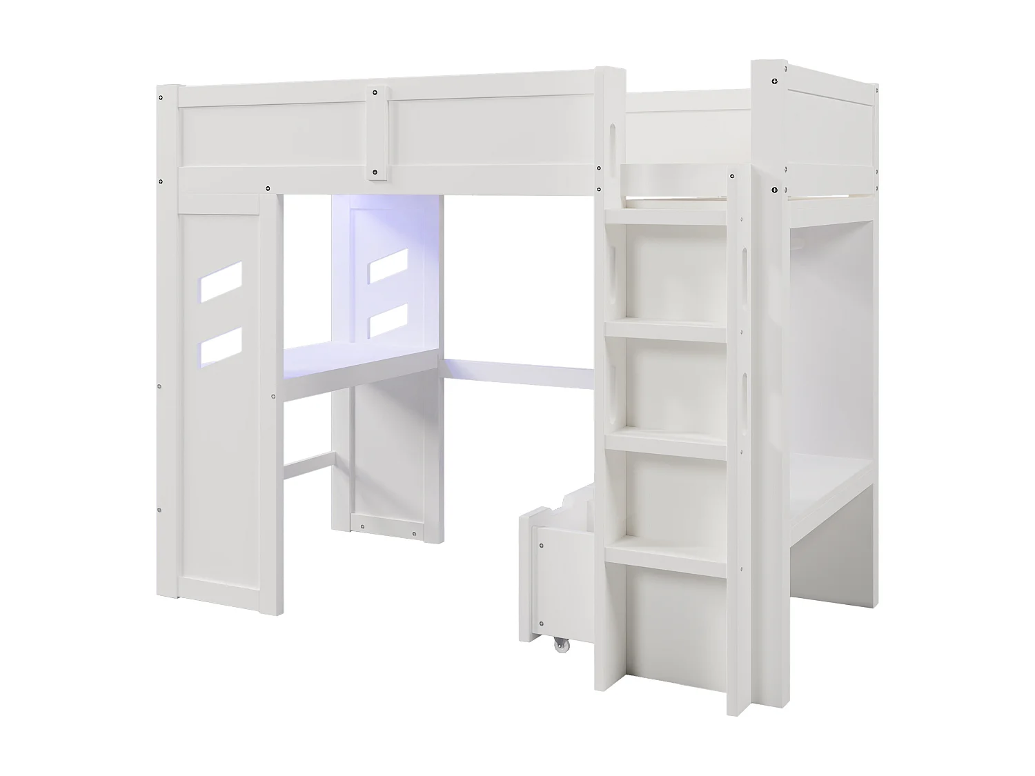 Lit mezzanine blanc 90x200cm avec bureau, 2 tiroirs, éclairage LED, USB et Type-C, étendoir à linge, pin + MDF