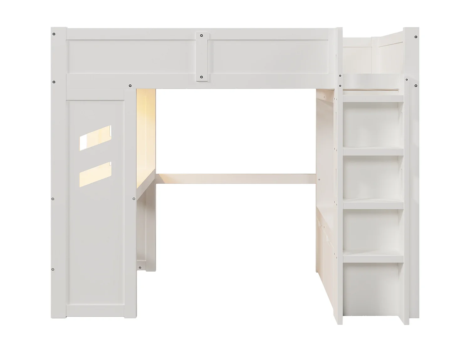 Lit mezzanine blanc 90x200cm avec bureau, 2 tiroirs, éclairage LED, USB et Type-C, étendoir à linge, pin + MDF