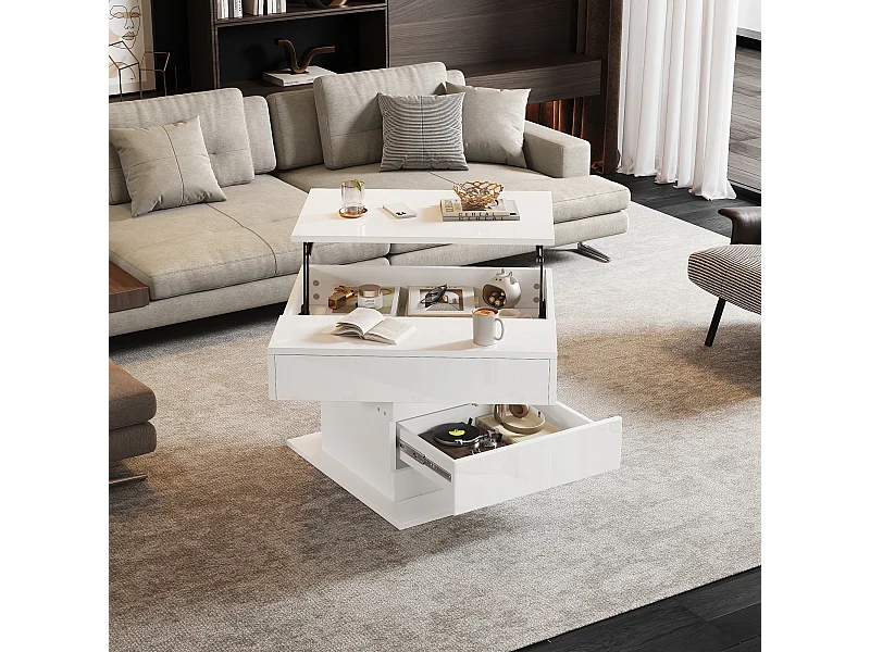 Table basse relevable - 70 x 70 x 45 cm -  plateau rotatif à 360°- avec 1 tiroir + rangement caché - aggloméré - blanc