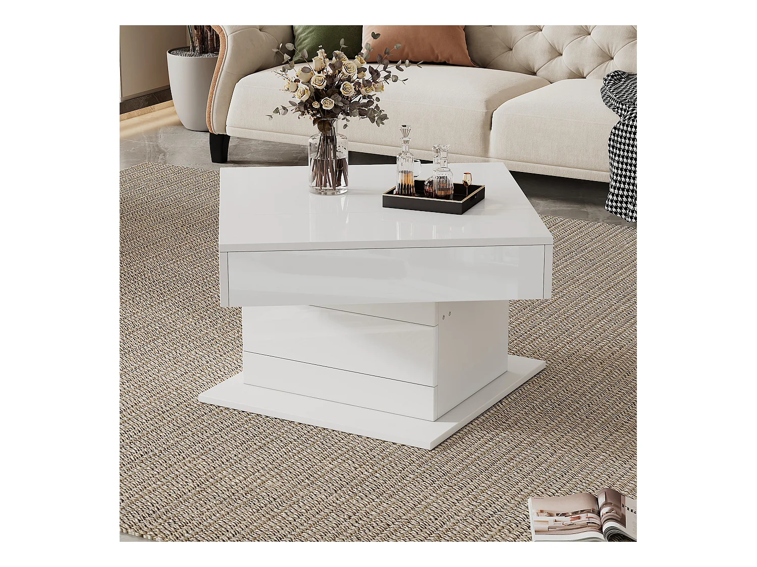 Table basse relevable - 70 x 70 x 45 cm -  plateau rotatif à 360°- avec 1 tiroir + rangement caché - aggloméré - blanc