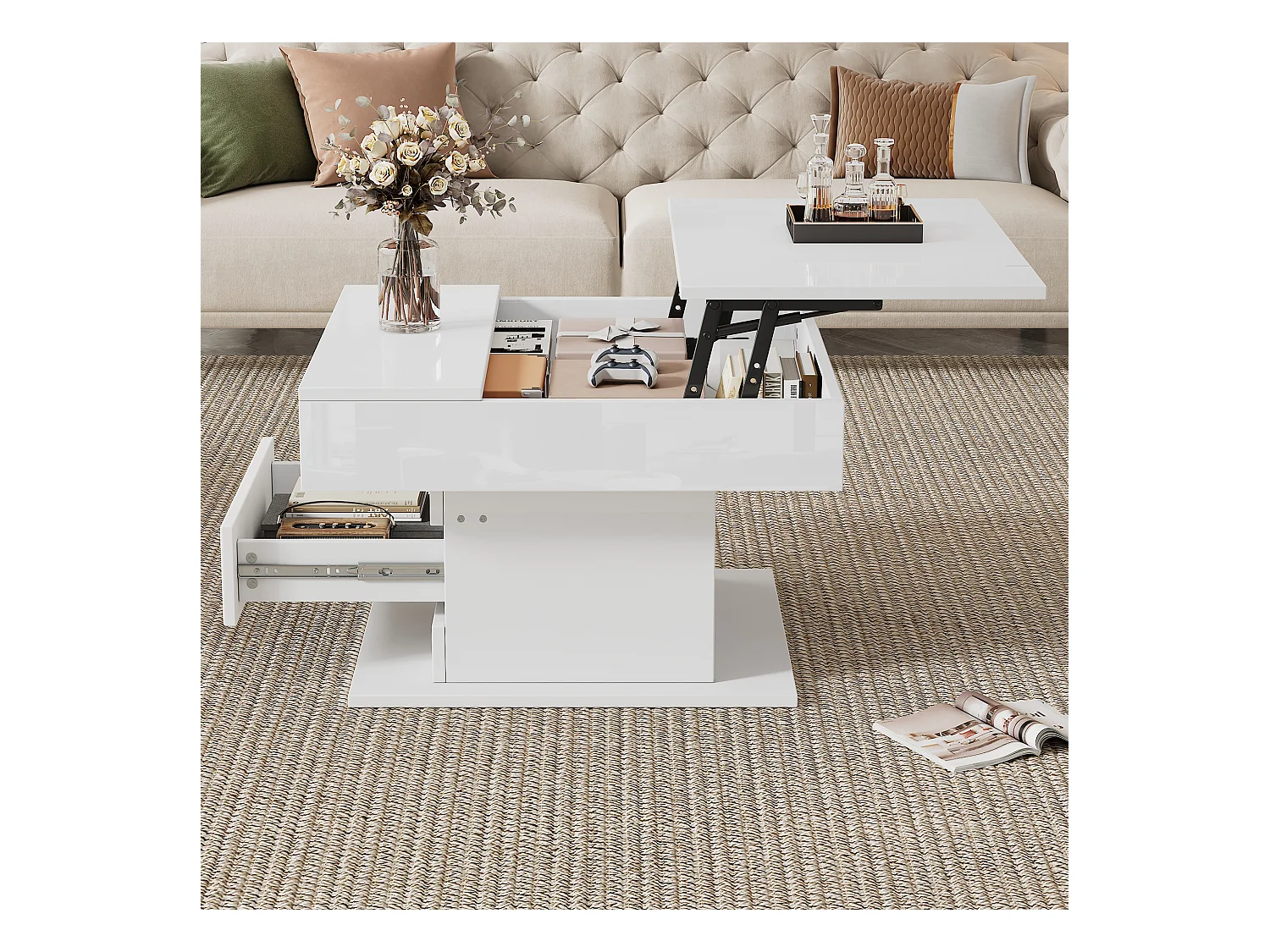 Table basse relevable - 70 x 70 x 45 cm -  plateau rotatif à 360°- avec 1 tiroir + rangement caché - aggloméré - blanc