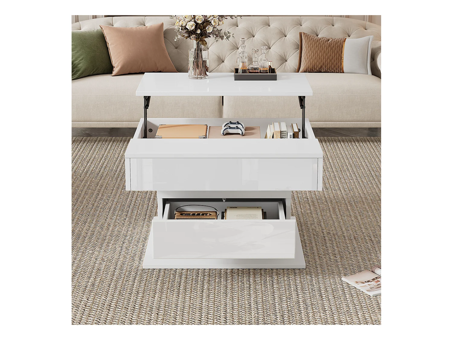 Table basse relevable - 70 x 70 x 45 cm -  plateau rotatif à 360°- avec 1 tiroir + rangement caché - aggloméré - blanc