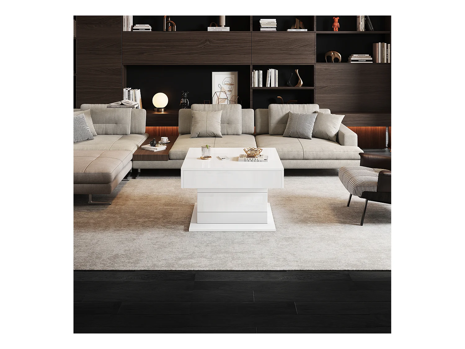 Table basse relevable - 70 x 70 x 45 cm -  plateau rotatif à 360°- avec 1 tiroir + rangement caché - aggloméré - blanc